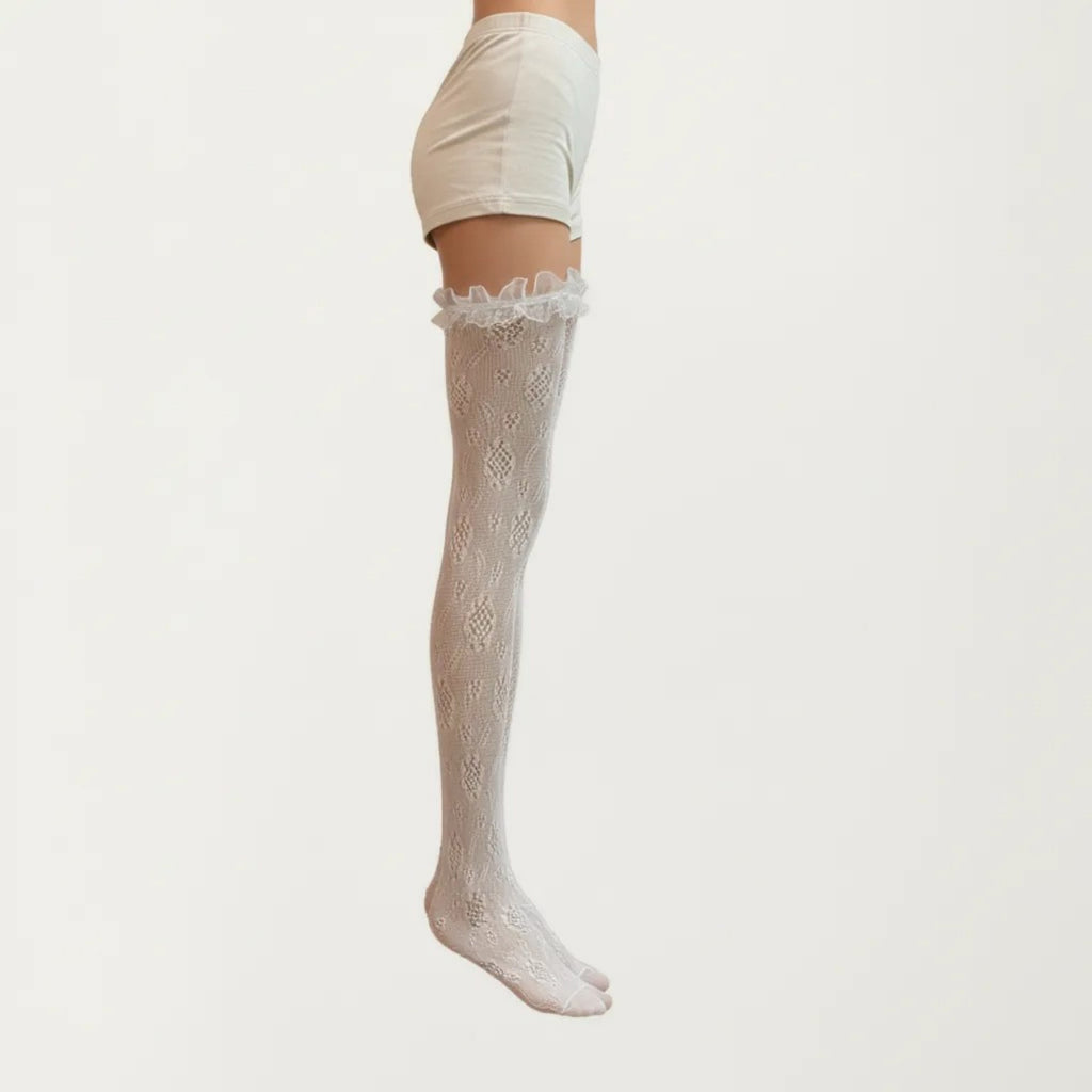Anna-Kaci Women's Sheer Lace Thigh High Stockings with Ruffle Trim, Stretch Floral Knit Over the Knee Hosiery
