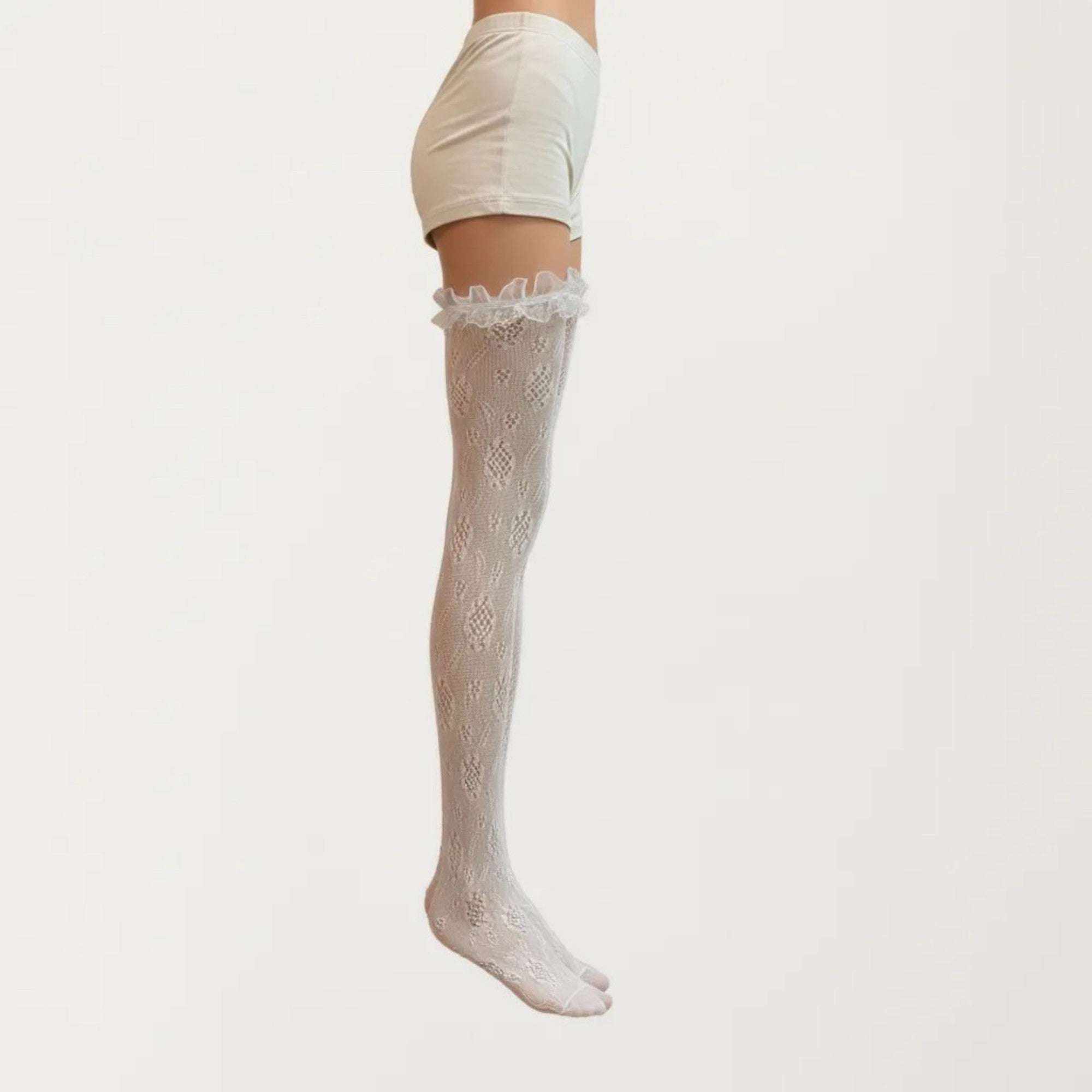Anna-Kaci Women's Sheer Lace Thigh High Stockings with Ruffle Trim, Stretch Floral Knit Over the Knee Hosiery