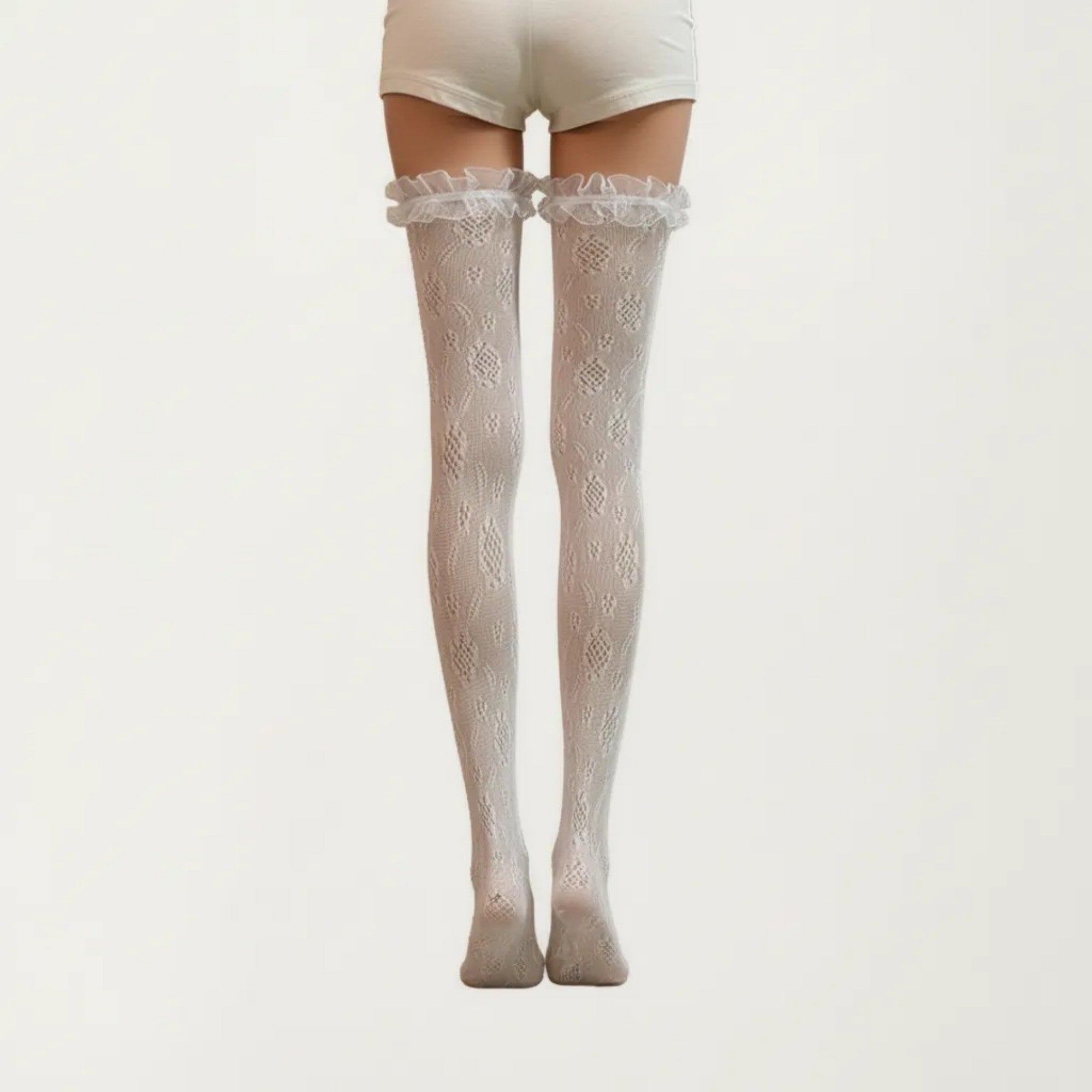 Anna-Kaci Women's Sheer Lace Thigh High Stockings with Ruffle Trim, Stretch Floral Knit Over the Knee Hosiery