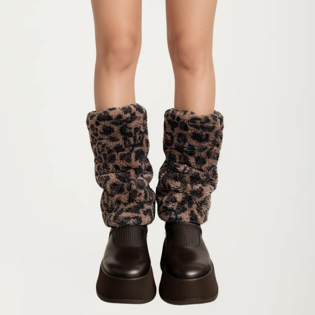 Anna-Kaci Women's Leopard Print Plush Leg Warmers, Soft Faux Fur Slouchy Boot Covers for Cozy Layered Styling