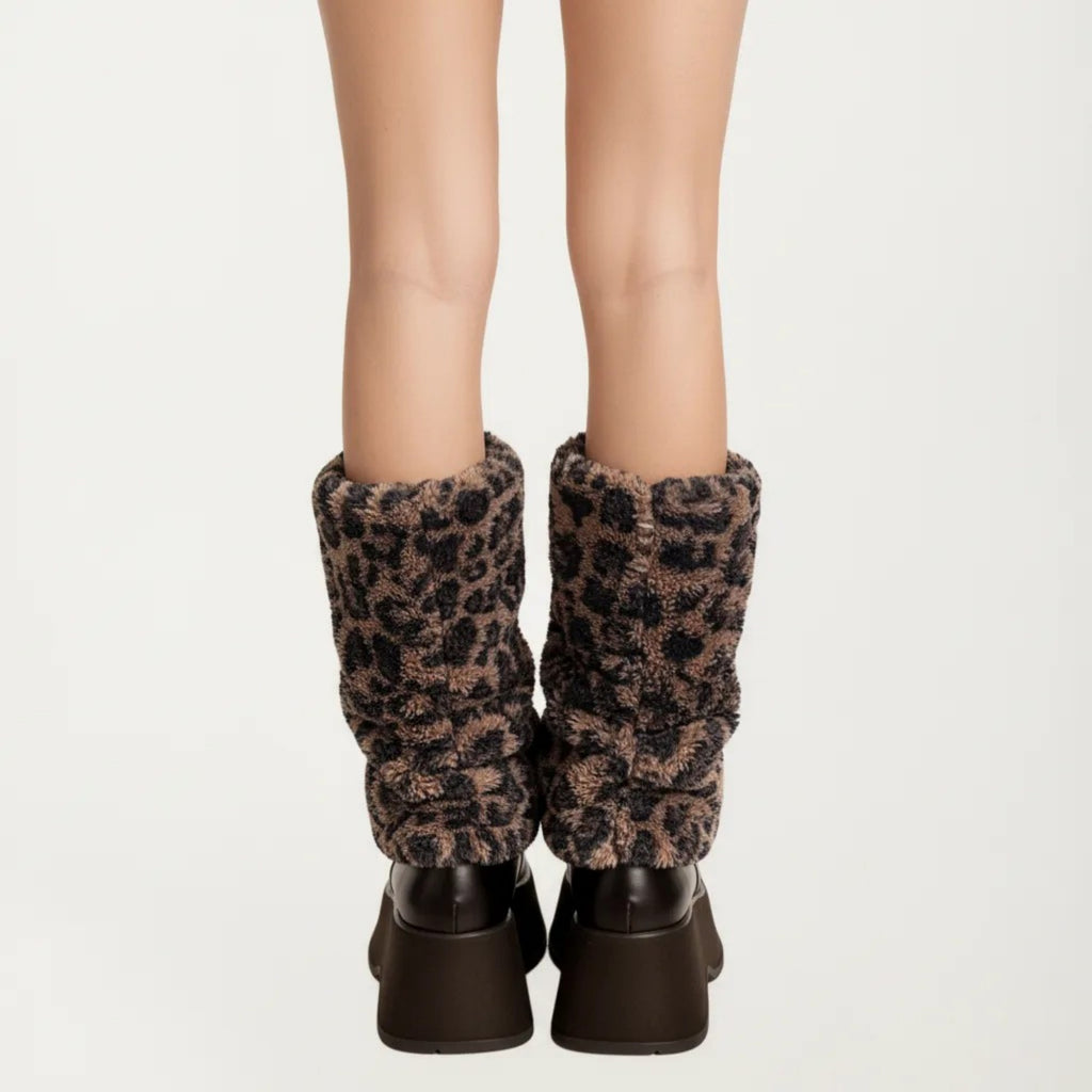 Anna-Kaci Women's Leopard Print Plush Leg Warmers, Soft Faux Fur Slouchy Boot Covers for Cozy Layered Styling