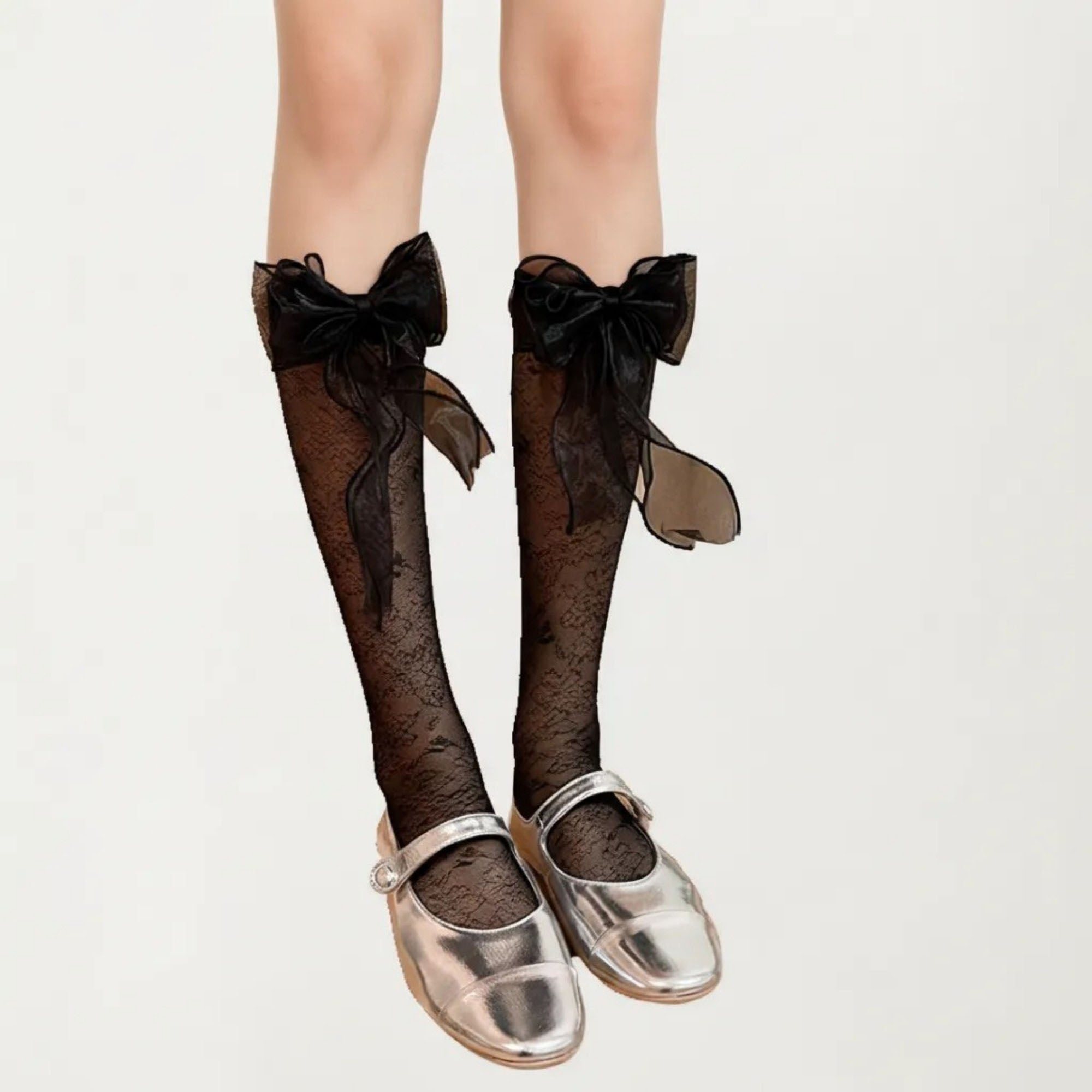 Anna-Kaci Women's Lace Knee High Bow Socks with Sheer Floral Pattern and Ribbon Detail Tall Dress Hosiery