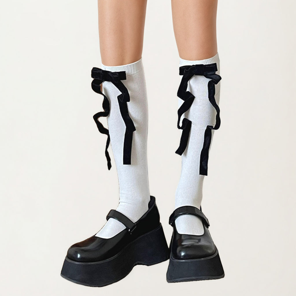 Anna-Kaci Women's Knee High Bow Ribbon Socks with Ruffle Trim, Soft Stretch Tall Dress Socks