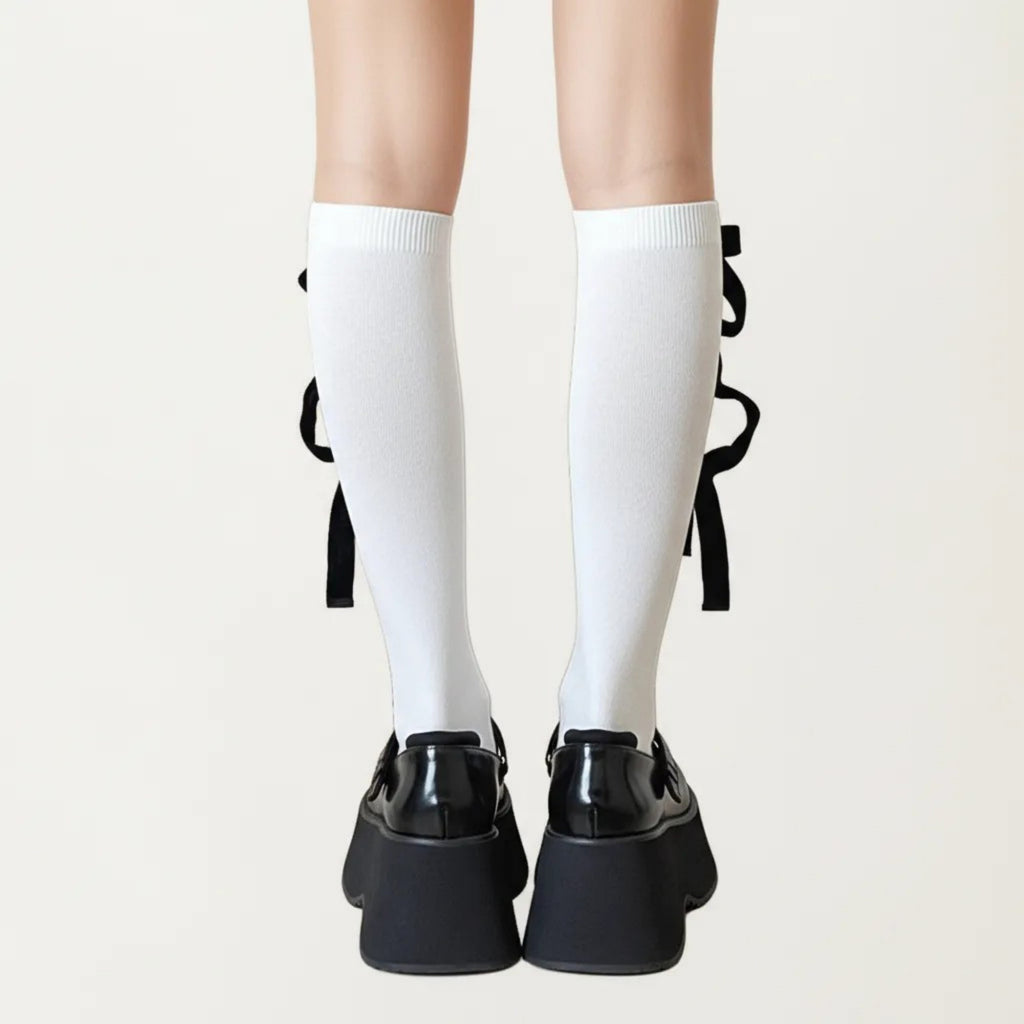 Anna-Kaci Women's Knee High Bow Ribbon Socks with Ruffle Trim, Soft Stretch Tall Dress Socks