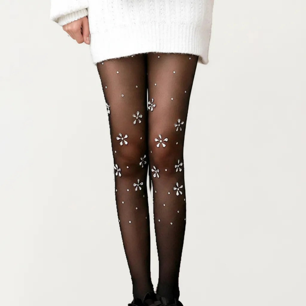Anna-Kaci Women's Sheer Floral Rhinestone Tights, Stretch Fit Lightweight Sparkle Flower Pantyhose Stockings