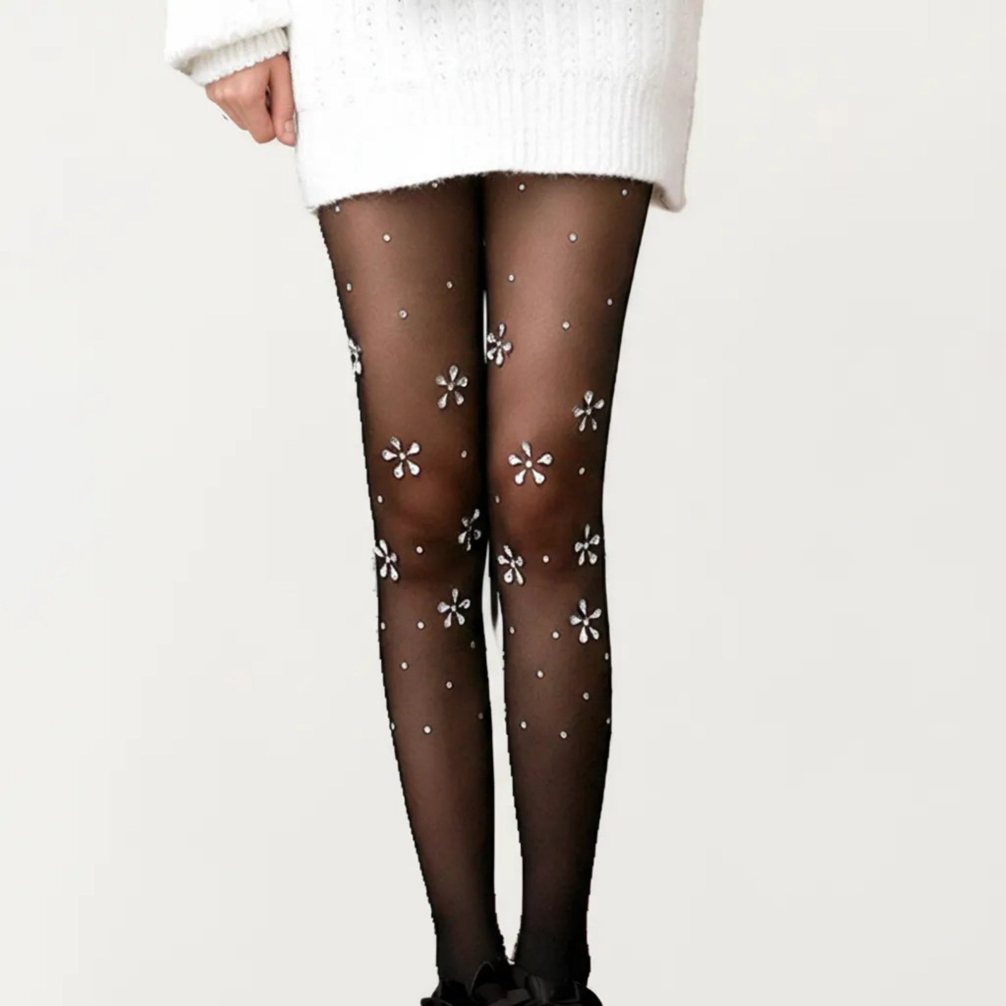 Anna-Kaci Women's Sheer Floral Rhinestone Tights, Stretch Fit Lightweight Sparkle Flower Pantyhose Stockings