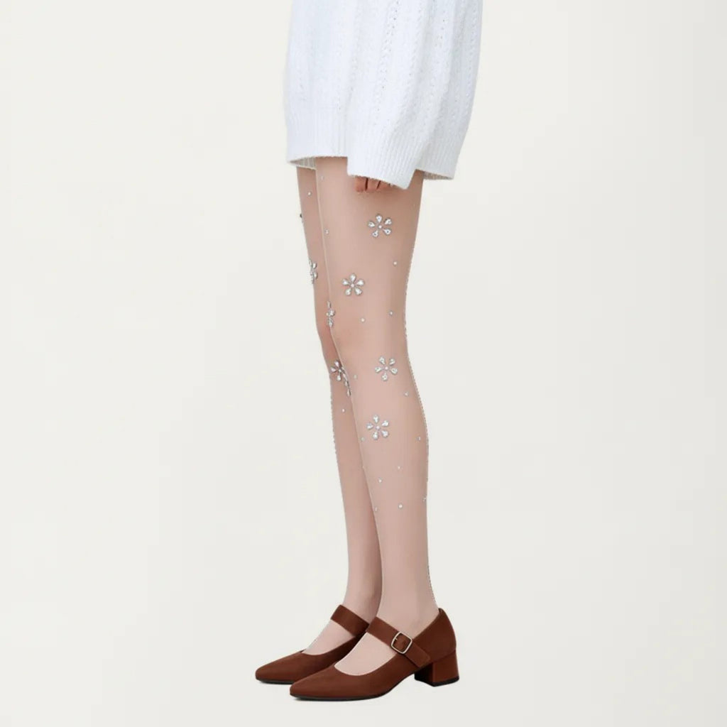 Anna-Kaci Women's Sheer Floral Rhinestone Tights, Stretch Fit Lightweight Sparkle Flower Pantyhose Stockings