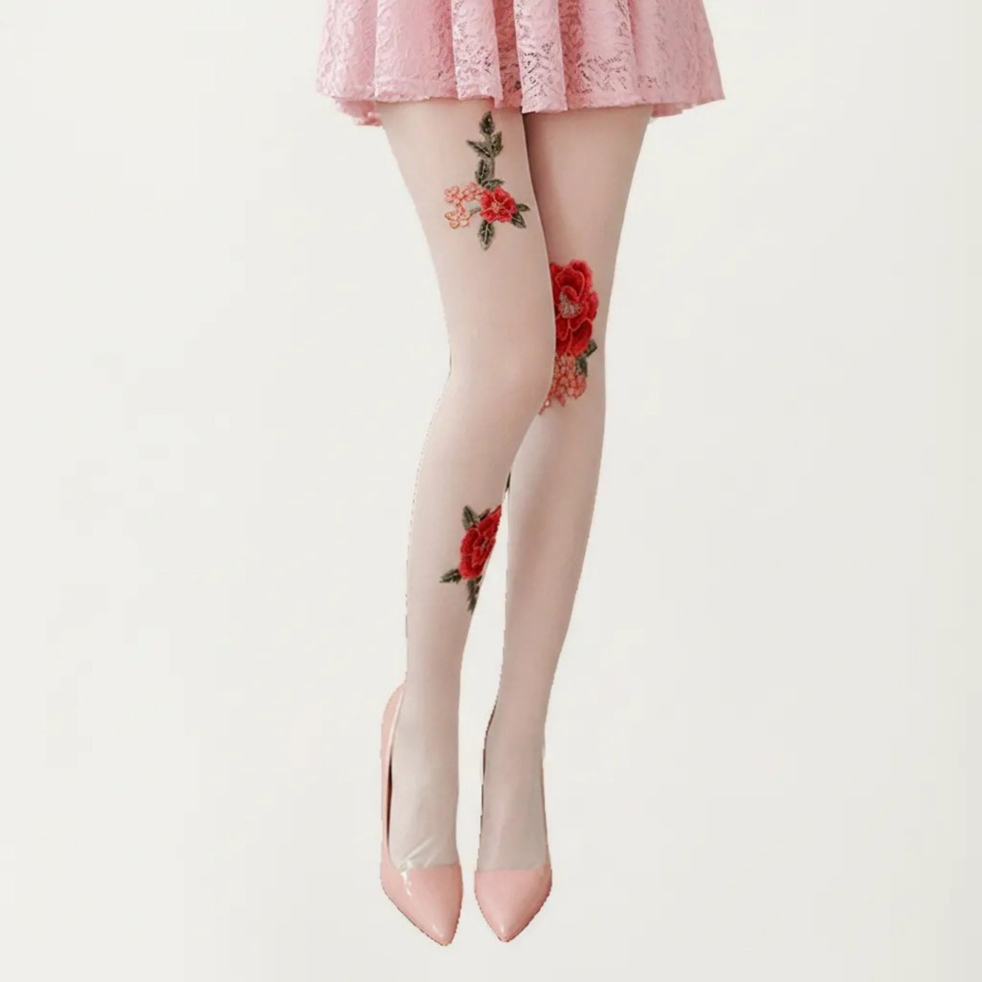 Anna-Kaci Women's Sheer Floral Embroidered Tights with Rose Applique Detail, Stretch Lightweight Pantyhose