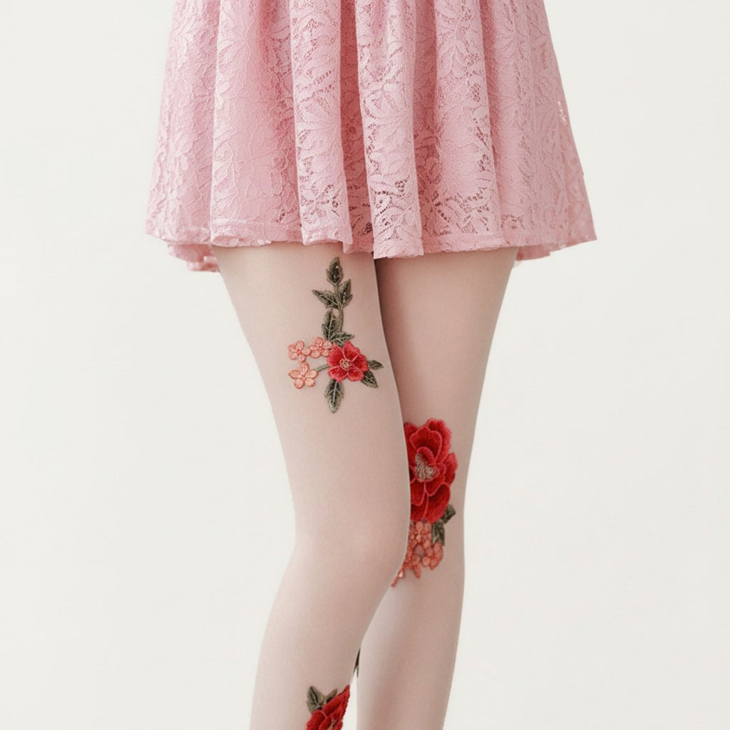 Anna-Kaci Women's Sheer Floral Embroidered Tights with Rose Applique Detail, Stretch Lightweight Pantyhose