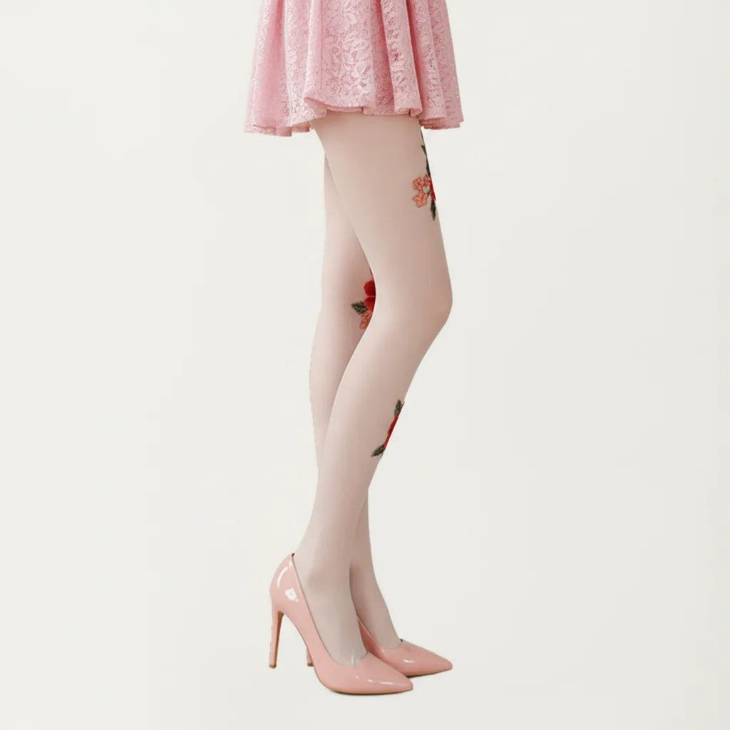 Anna-Kaci Women's Sheer Floral Embroidered Tights with Rose Applique Detail, Stretch Lightweight Pantyhose