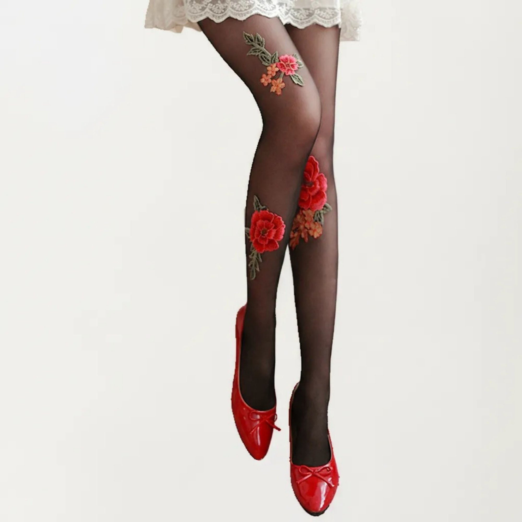 Anna-Kaci Women's Sheer Floral Embroidered Tights with Rose Applique Detail, Stretch Lightweight Pantyhose