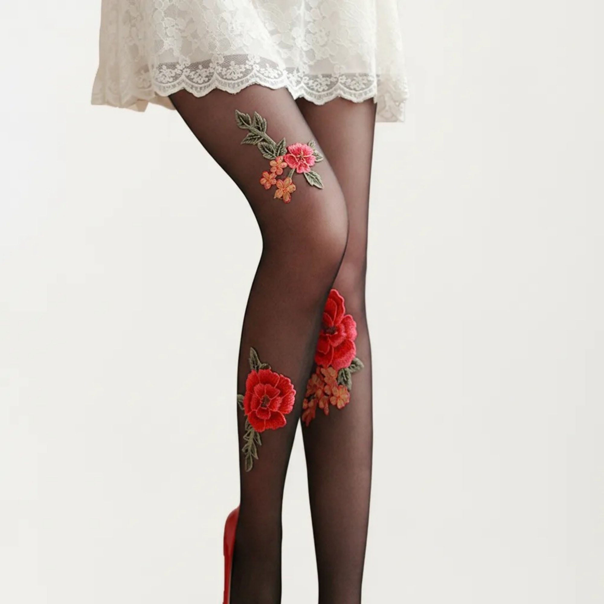 Anna-Kaci Women's Sheer Floral Embroidered Tights with Rose Applique Detail, Stretch Lightweight Pantyhose