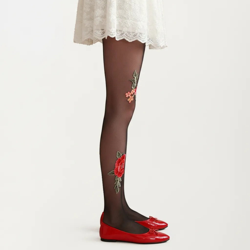 Anna-Kaci Women's Sheer Floral Embroidered Tights with Rose Applique Detail, Stretch Lightweight Pantyhose