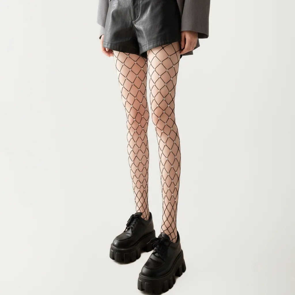 Anna-Kaci Women's Rhinestone Fishnet Tights with Stretch Fit, Diamond Pattern Sheer Stockings