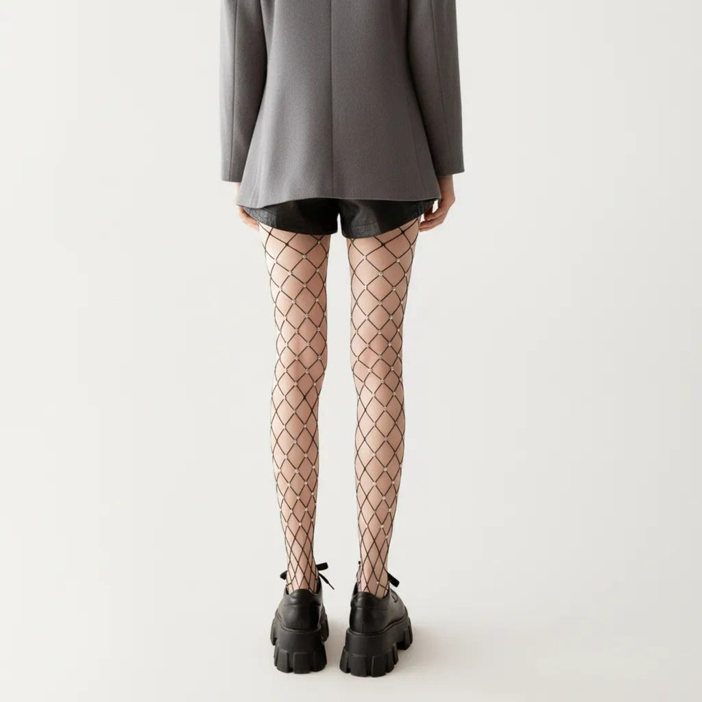 Anna-Kaci Women's Rhinestone Fishnet Tights with Stretch Fit, Diamond Pattern Sheer Stockings