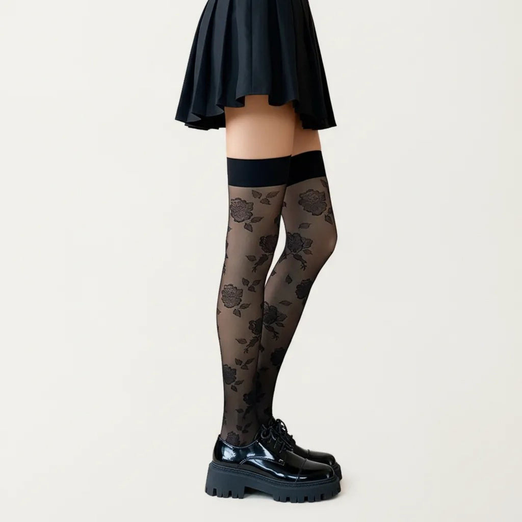 Anna-Kaci Women's Sheer Floral Over The Knee Socks, Stretch Fit Lightweight Patterned Thigh High Stockings