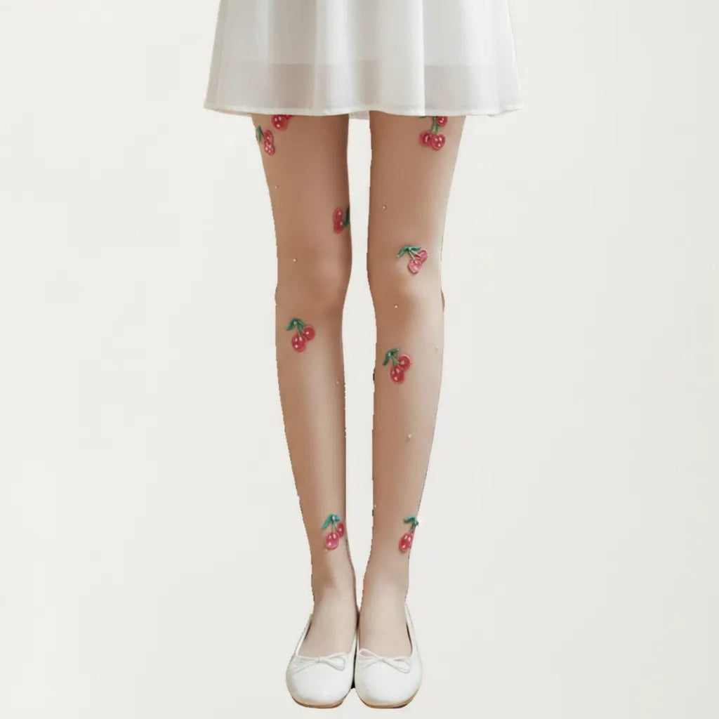 Anna-Kaci Women's Sheer Cherry Embroidered Tights with Stretch Fit, Lightweight Pantyhose Stockings