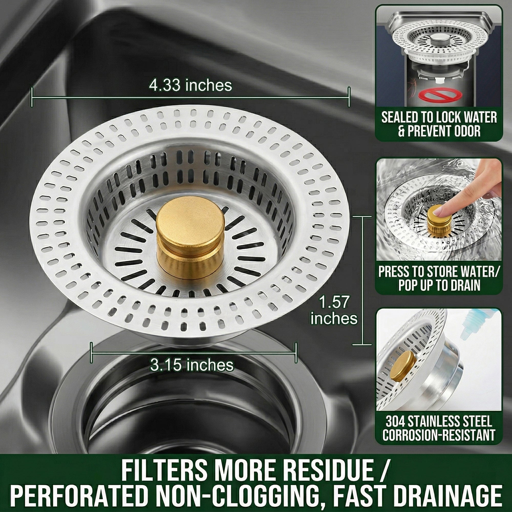 Anna-Kaci Stainless Steel Sink Strainer with Removable Basket Anti Clog Kitchen Drain Filter Durable Resistant