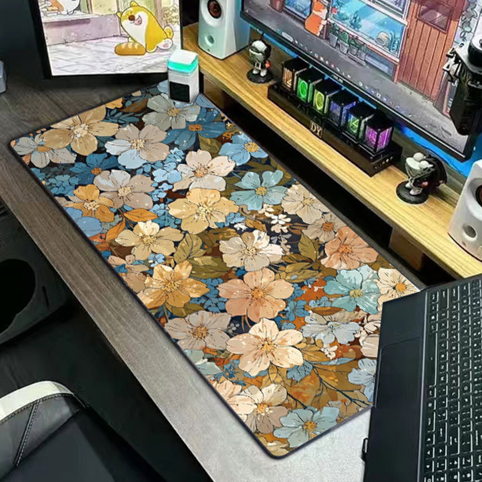 Anna-Kaci Gaming Mouse Pad Desk Mat with Floral Print Stitched Edges for Keyboard and Laptop