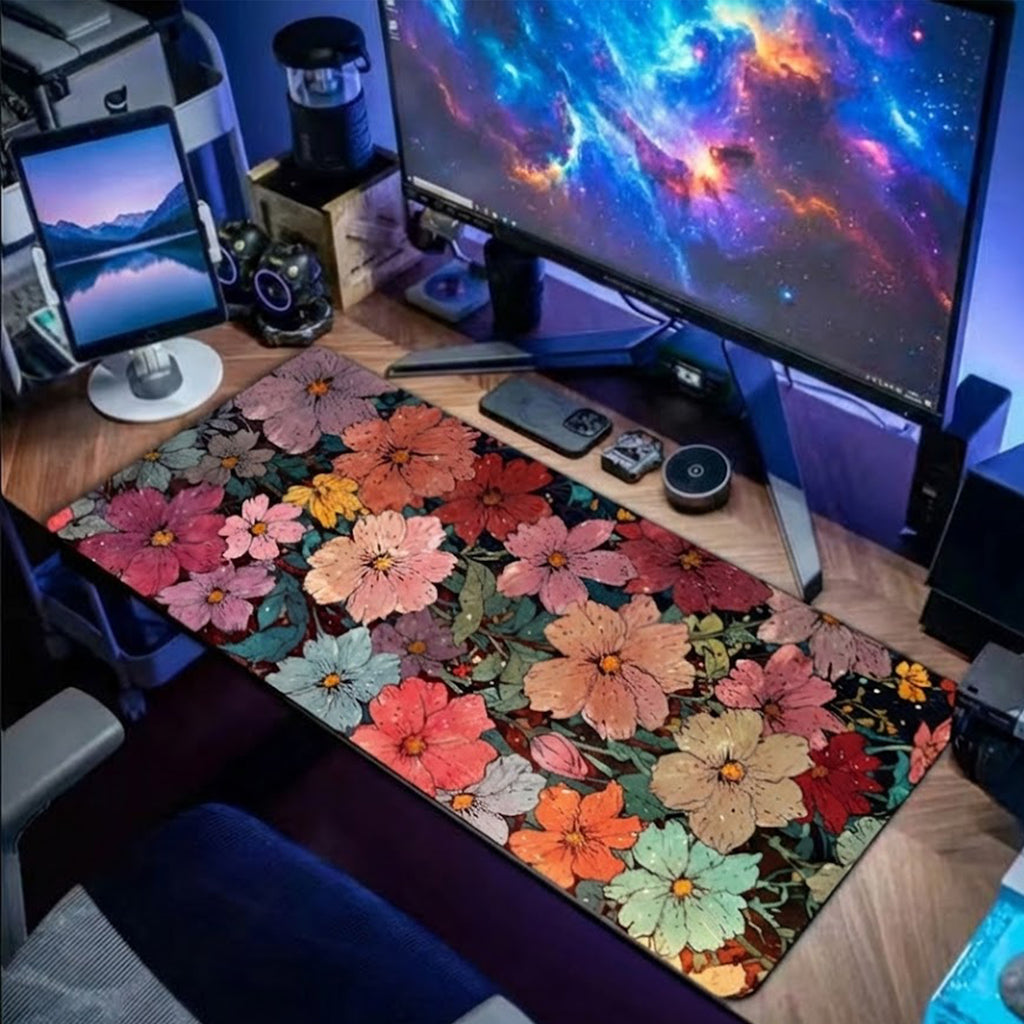 Anna-Kaci Gaming Mouse Pad Desk Mat with Floral Print Stitched Edges for Keyboard and Laptop