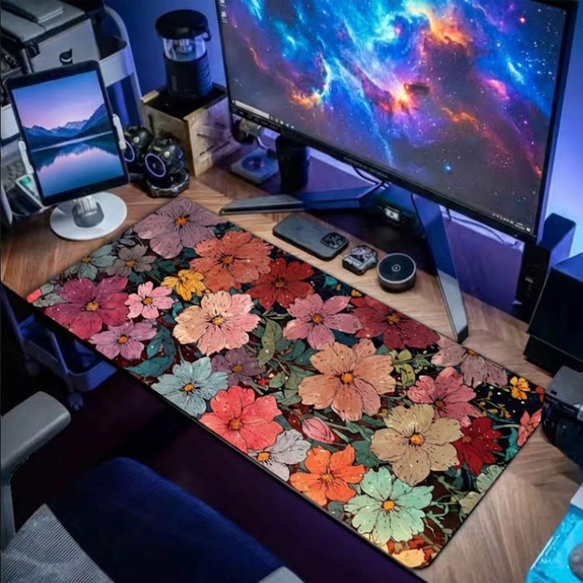 Anna-Kaci Gaming Mouse Pad Desk Mat with Floral Print Stitched Edges for Keyboard and Laptop