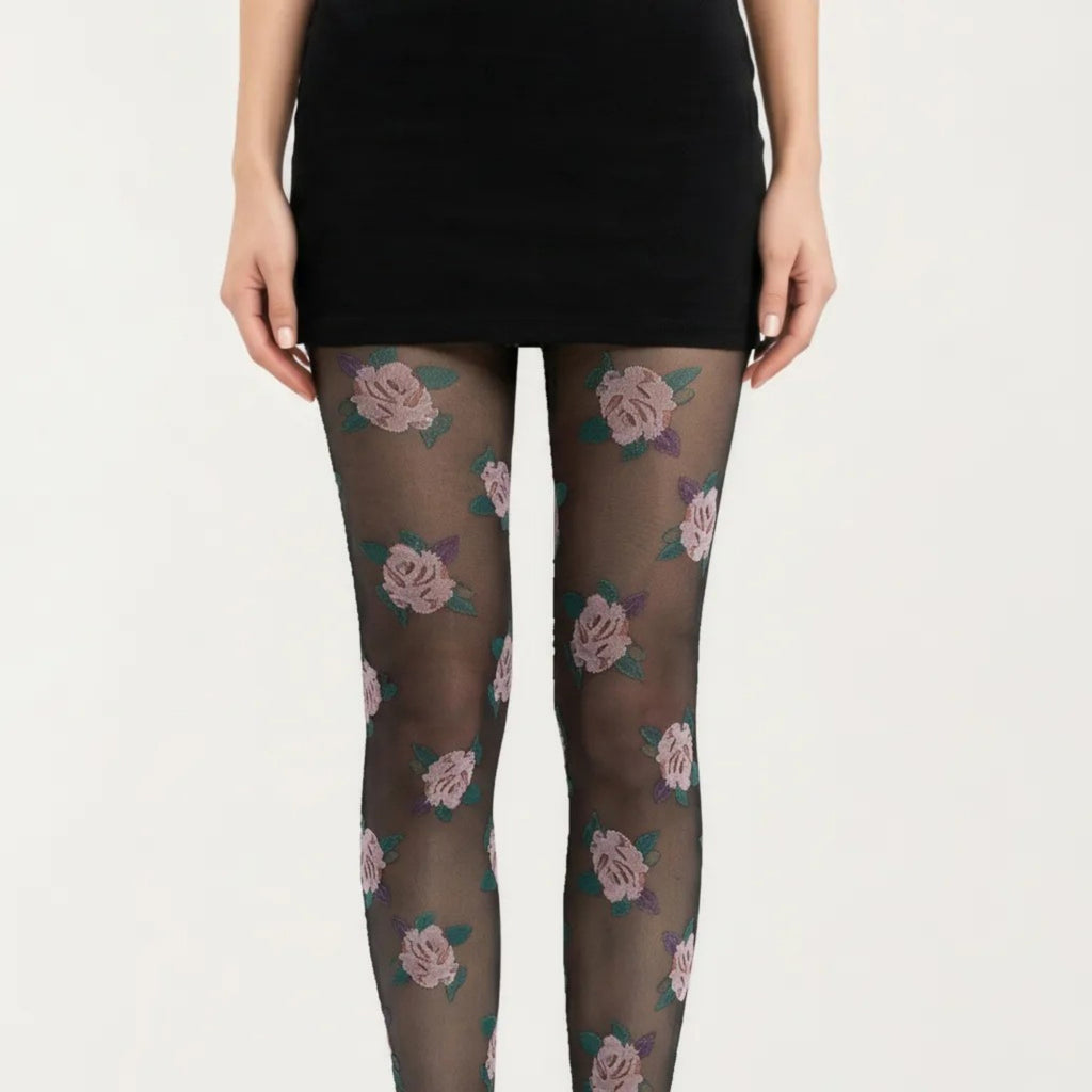 Anna-Kaci Women's Sheer Floral Pattern Tights with All Over Rose Print Design Stretch Knit Hosiery Pantyhose