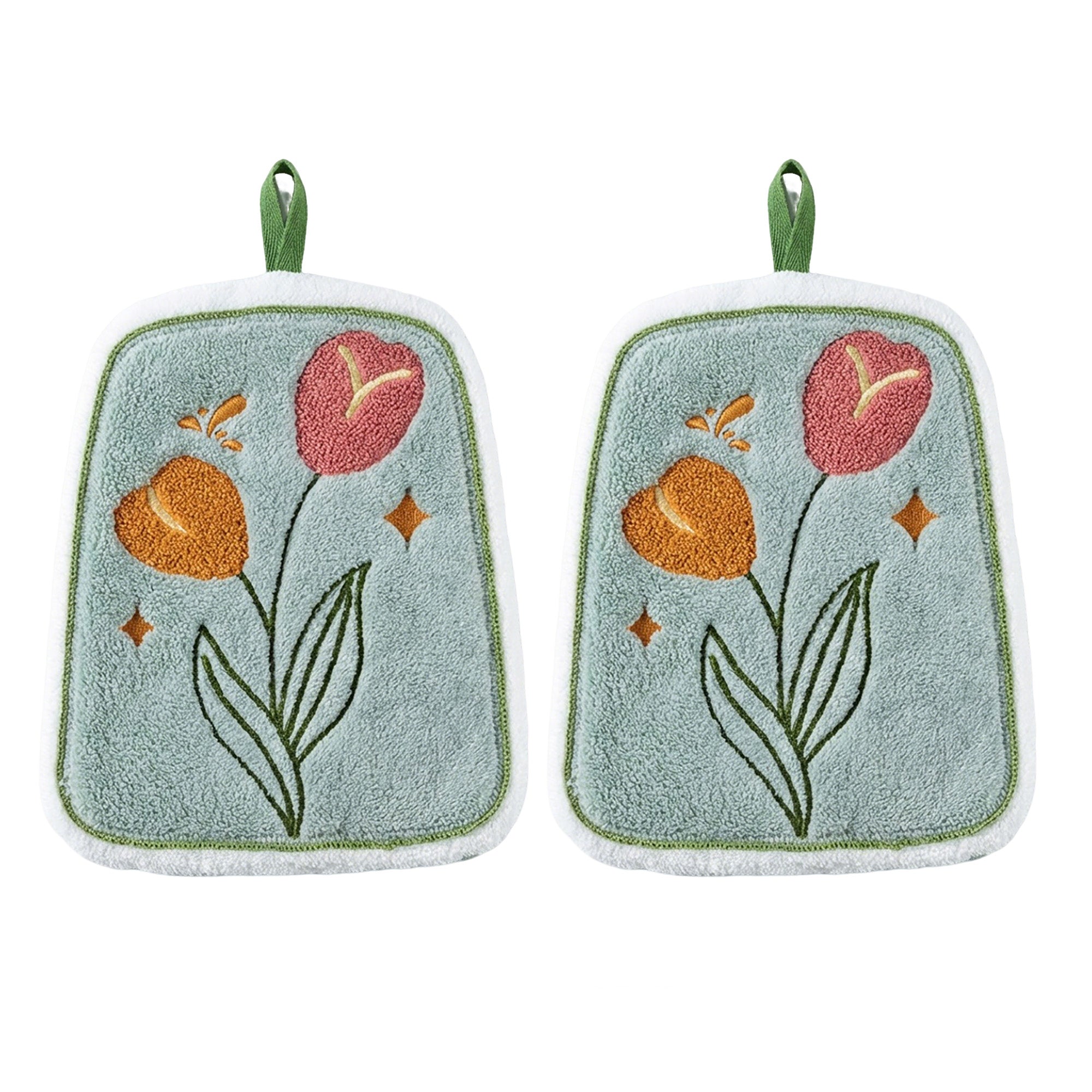 Anna-Kaci 2 Pack Coral Fleece Hanging Hand Towels Floral Design Soft Kitchen Bathroom Hand Towels
