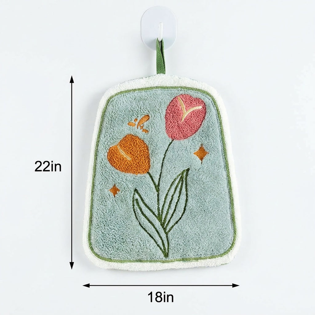 Anna-Kaci 2 Pack Coral Fleece Hanging Hand Towels Floral Design Soft Kitchen Bathroom Hand Towels
