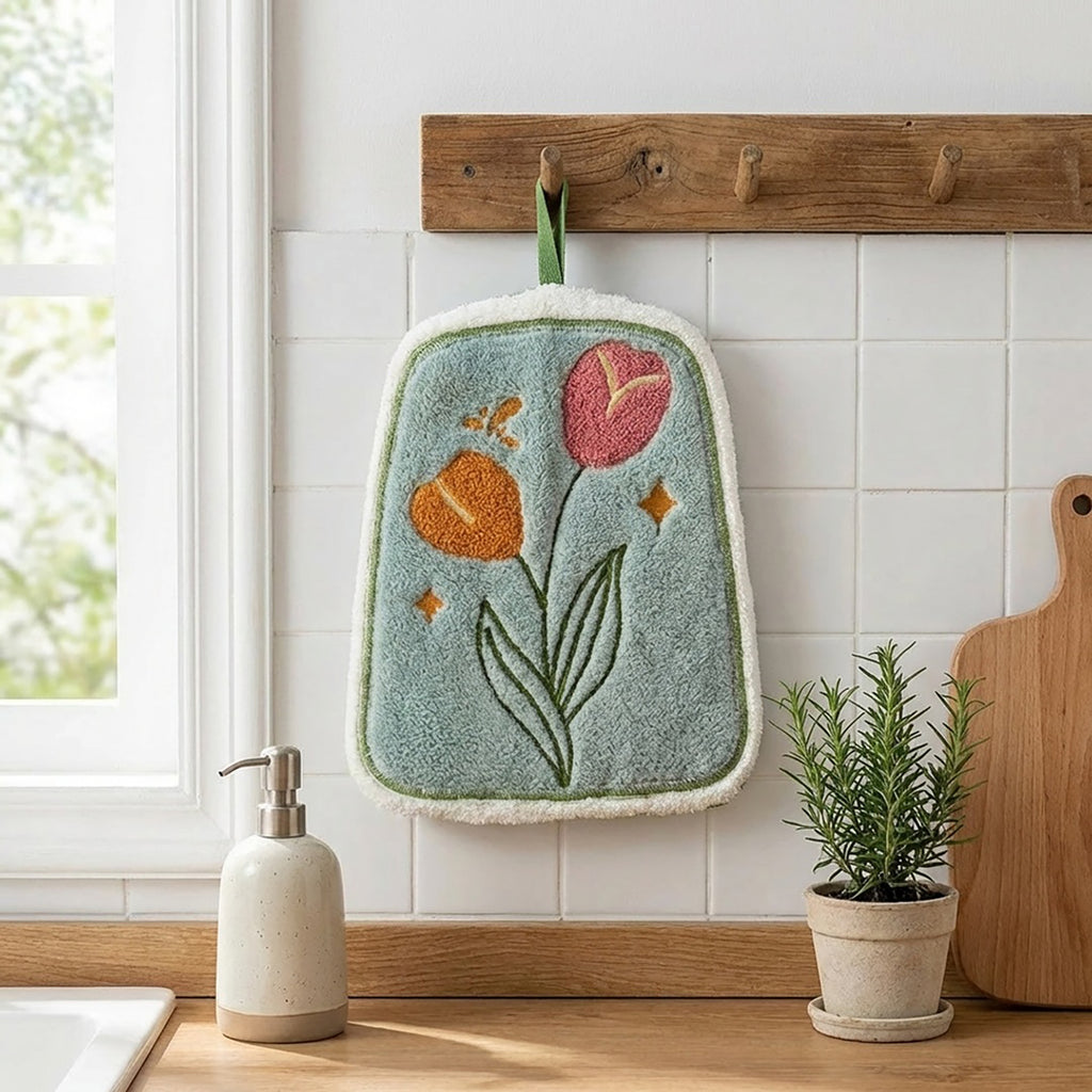 Anna-Kaci 2 Pack Coral Fleece Hanging Hand Towels Floral Design Soft Kitchen Bathroom Hand Towels