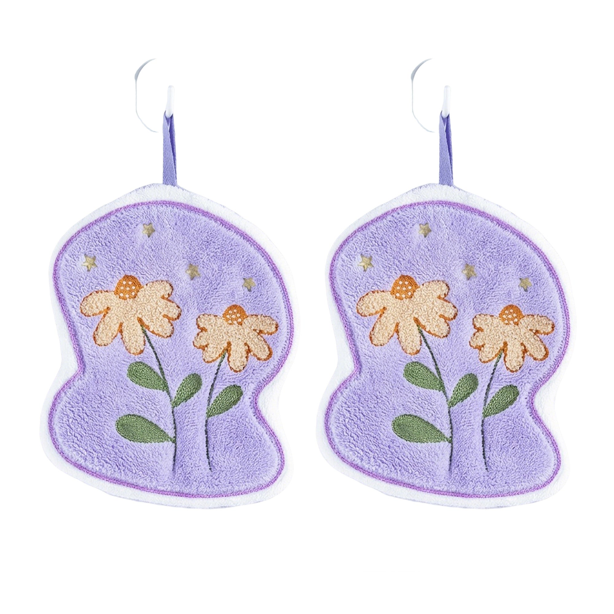 Anna-Kaci 2 Pack Coral Fleece Hanging Hand Towels Floral Design Soft Kitchen Bathroom Hand Towels