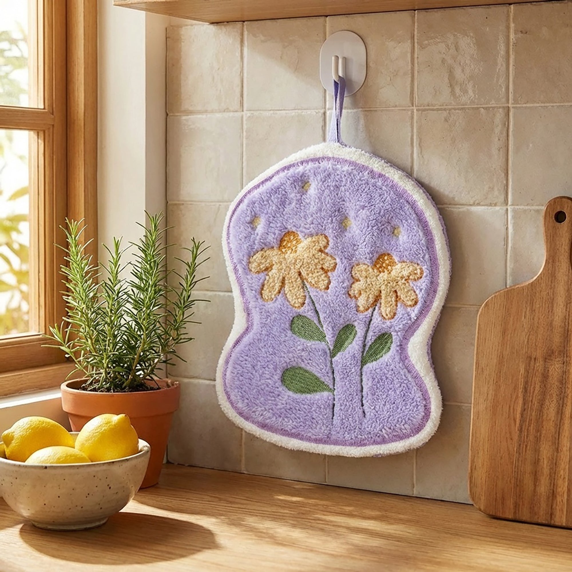 Anna-Kaci 2 Pack Coral Fleece Hanging Hand Towels Floral Design Soft Kitchen Bathroom Hand Towels