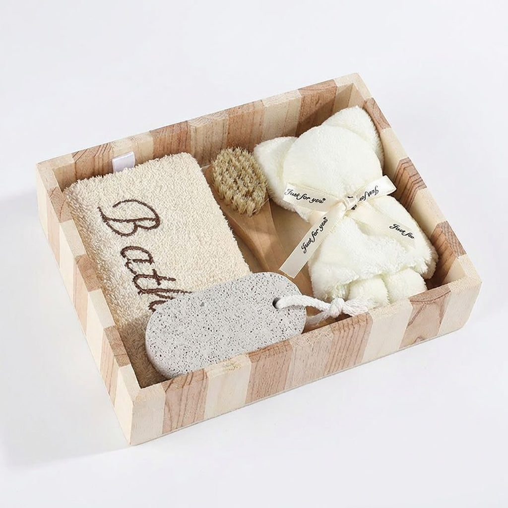 Anna-Kaci Spa Bath Set with Wooden Tray Body Brush Pumice Stone Soft Towel and Bath Sponge