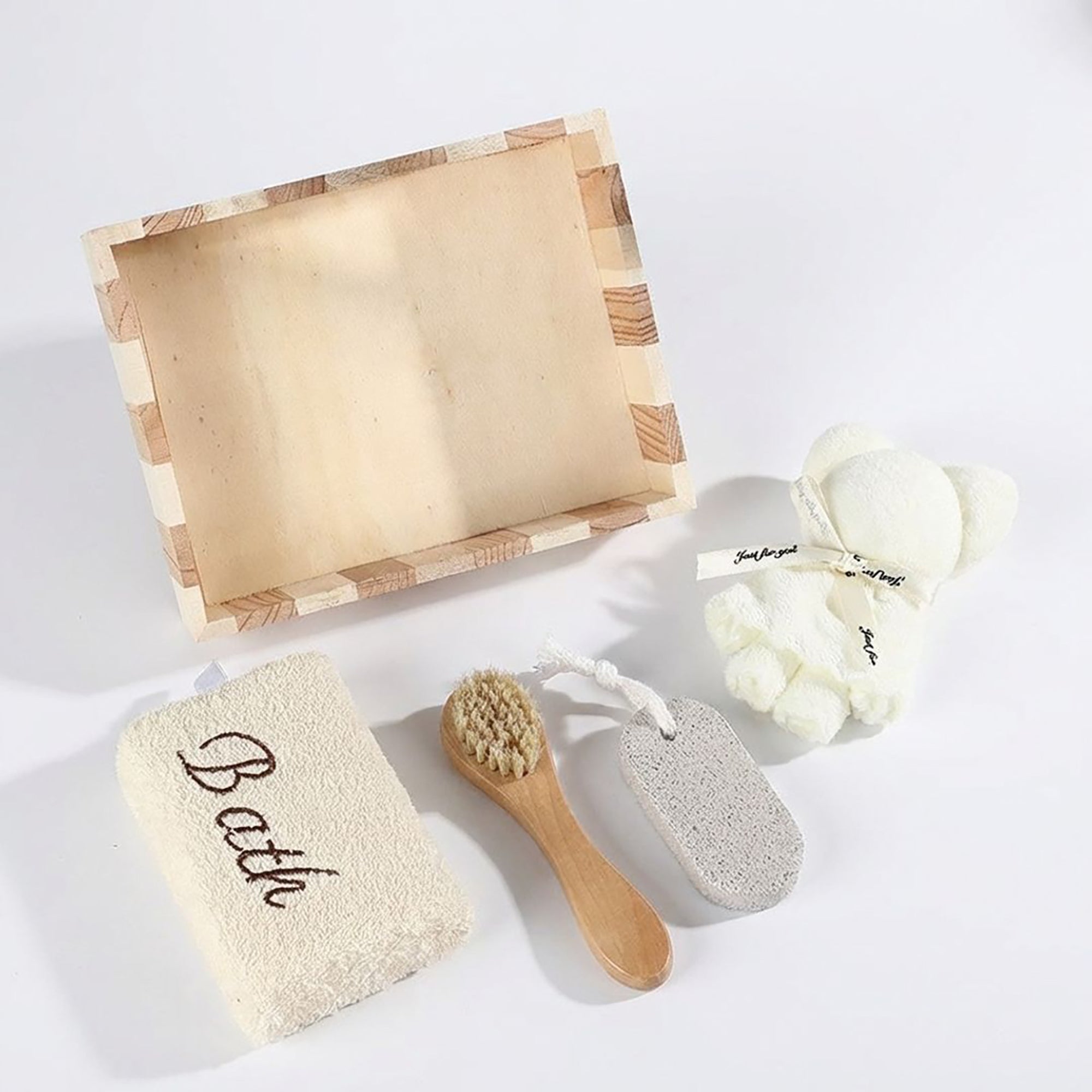 Anna-Kaci Spa Bath Set with Wooden Tray Body Brush Pumice Stone Soft Towel and Bath Sponge