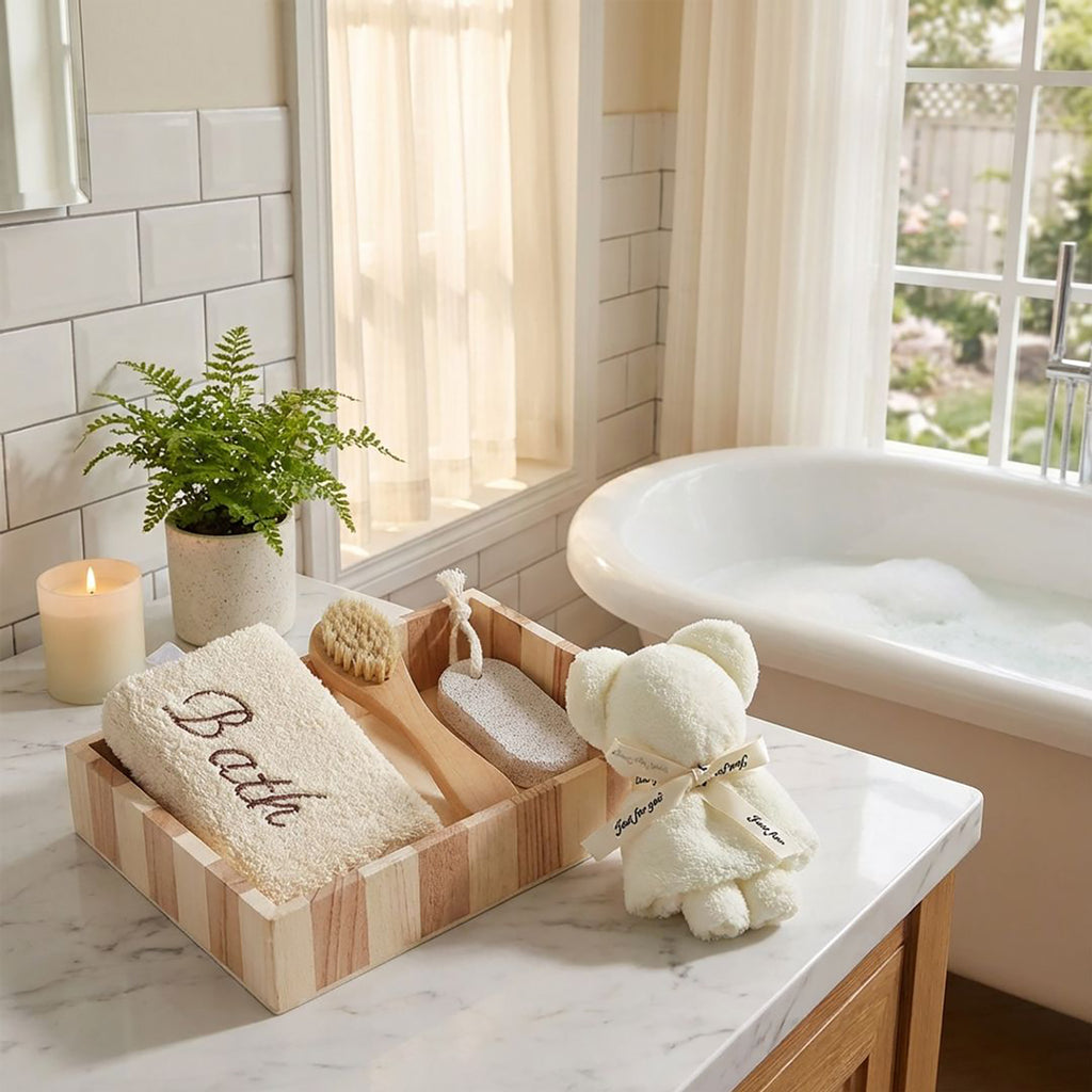 Anna-Kaci Spa Bath Set with Wooden Tray Body Brush Pumice Stone Soft Towel and Bath Sponge