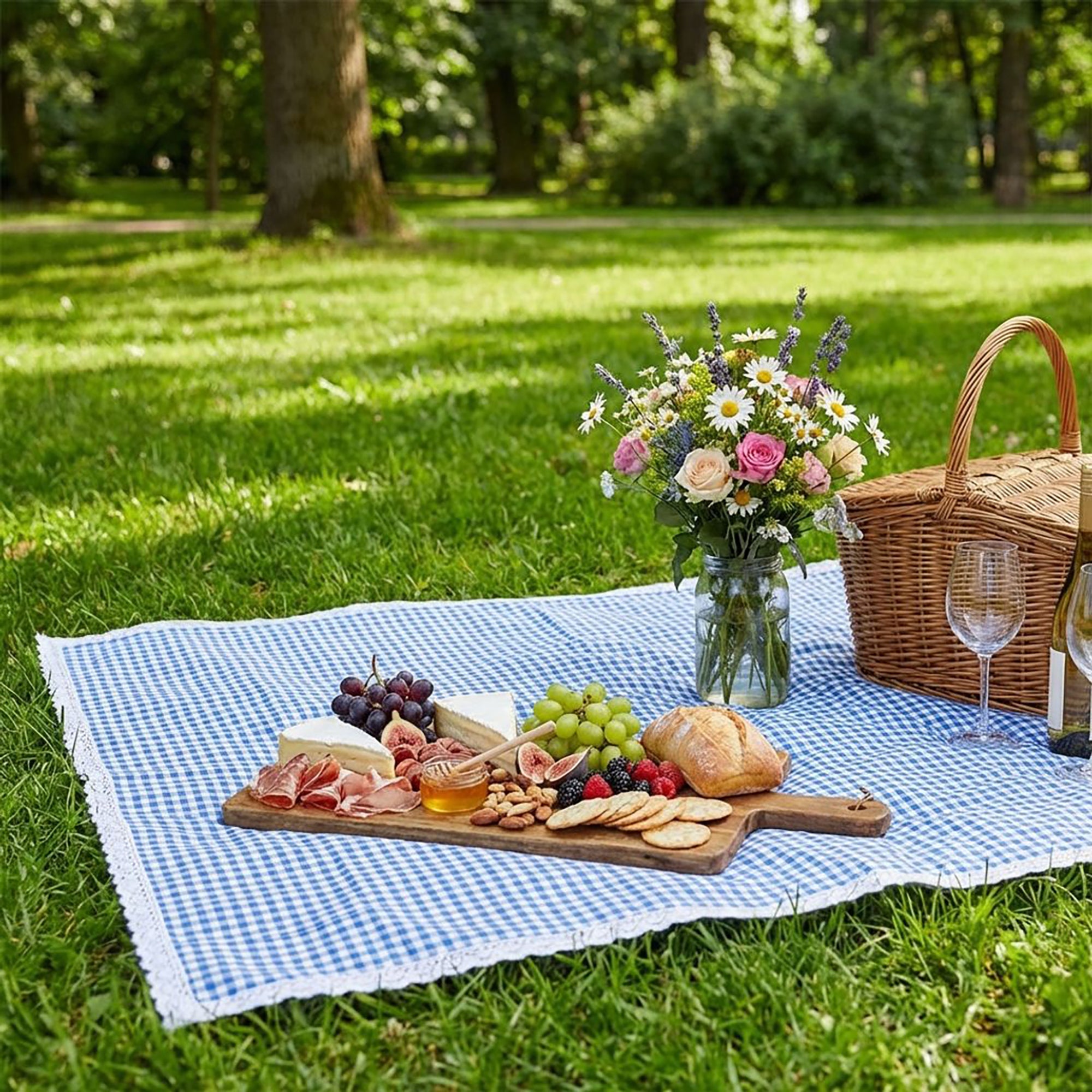 Anna-Kaci Gingham Picnic Blanket Outdoor Picnic Mat with Lace Trim for Park Beach Camping