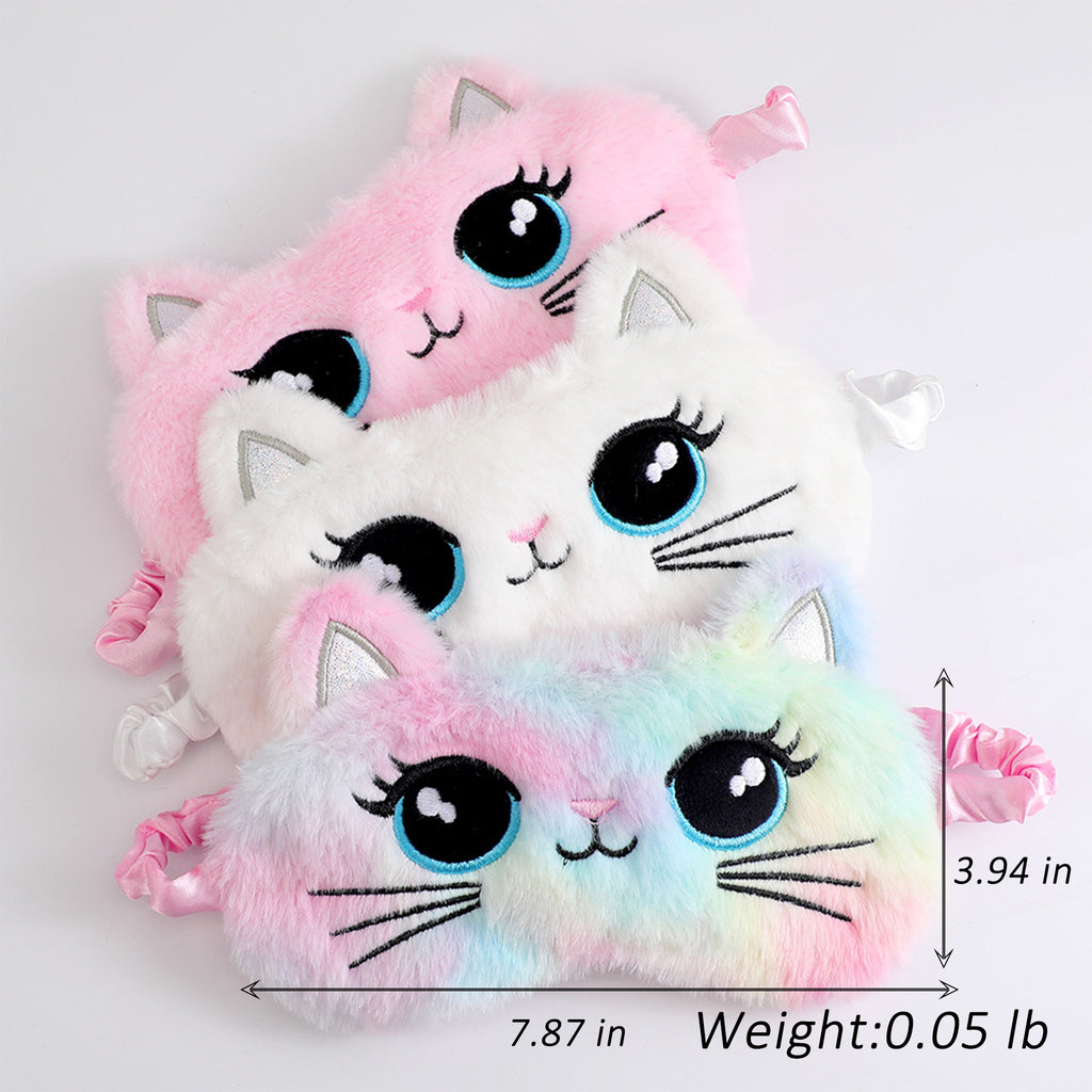 Anna-Kaci Plush Cat Face Sleep Mask Soft Faux Fur Eye Cover with Embroidered Design Elastic Satin Strap