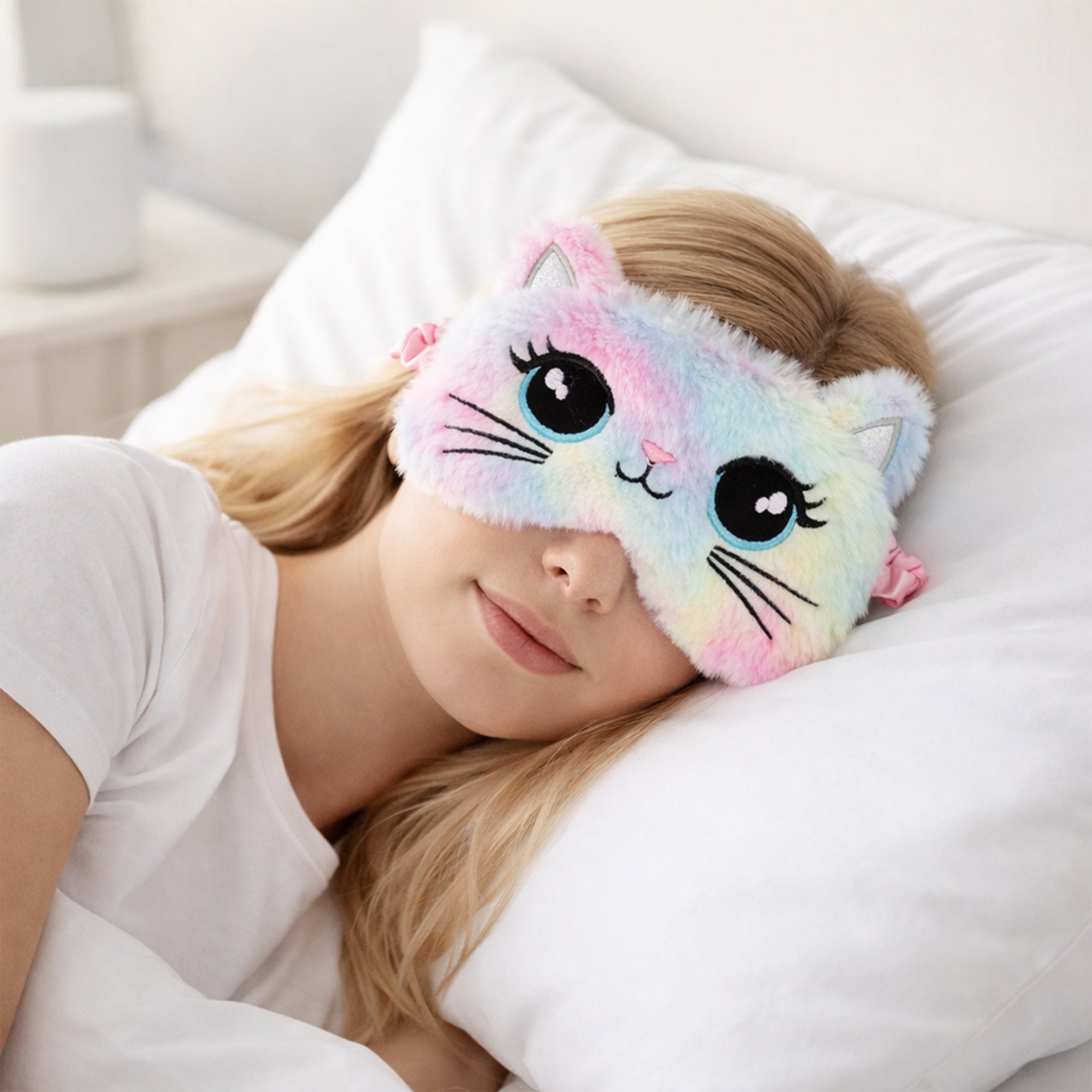 Anna-Kaci Plush Cat Face Sleep Mask Soft Faux Fur Eye Cover with Embroidered Design Elastic Satin Strap
