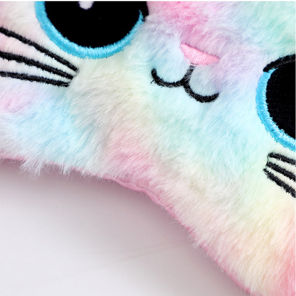 Anna-Kaci Plush Cat Face Sleep Mask Soft Faux Fur Eye Cover with Embroidered Design Elastic Satin Strap
