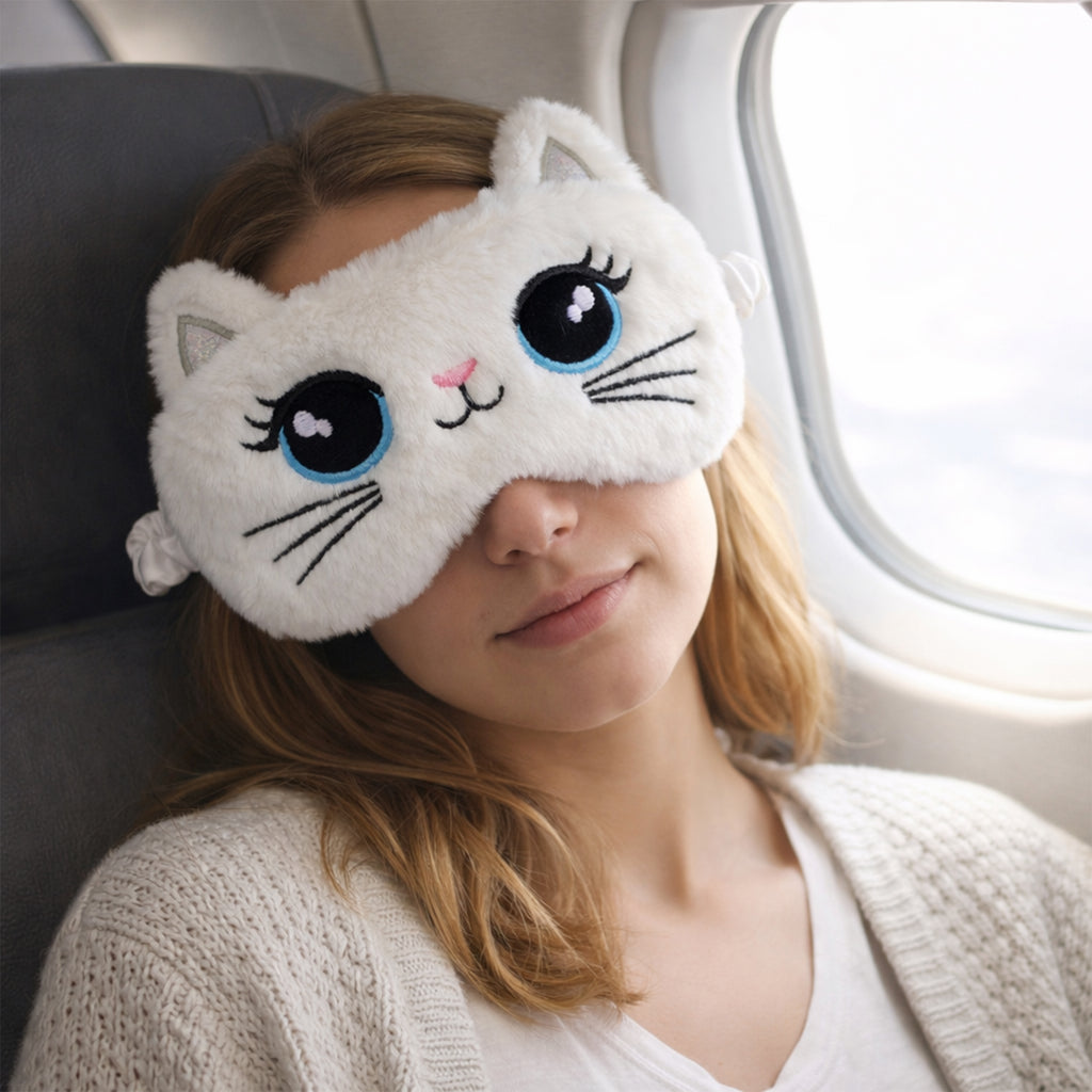 Anna-Kaci Plush Cat Face Sleep Mask Soft Faux Fur Eye Cover with Embroidered Design Elastic Satin Strap