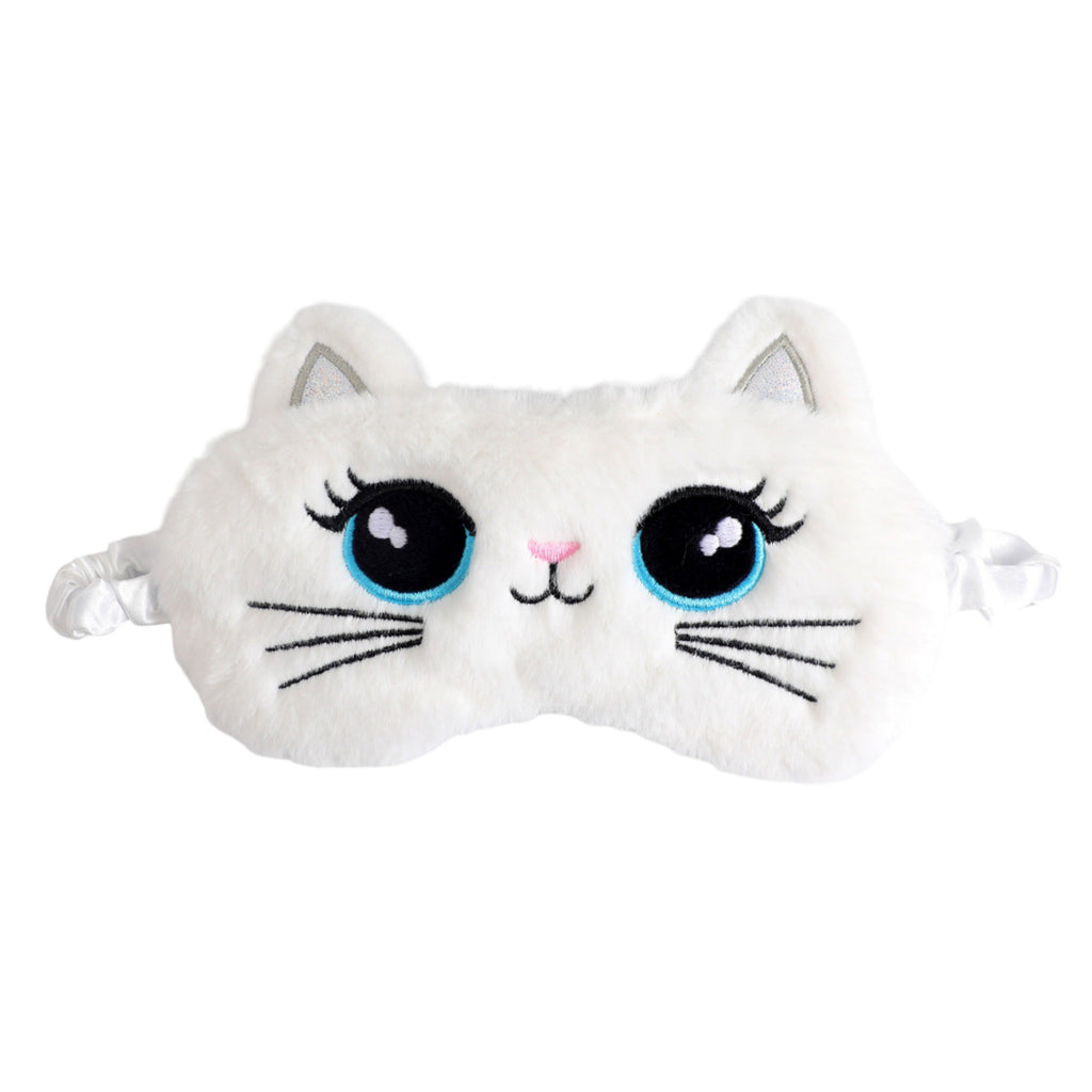 Anna-Kaci Plush Cat Face Sleep Mask Soft Faux Fur Eye Cover with Embroidered Design Elastic Satin Strap