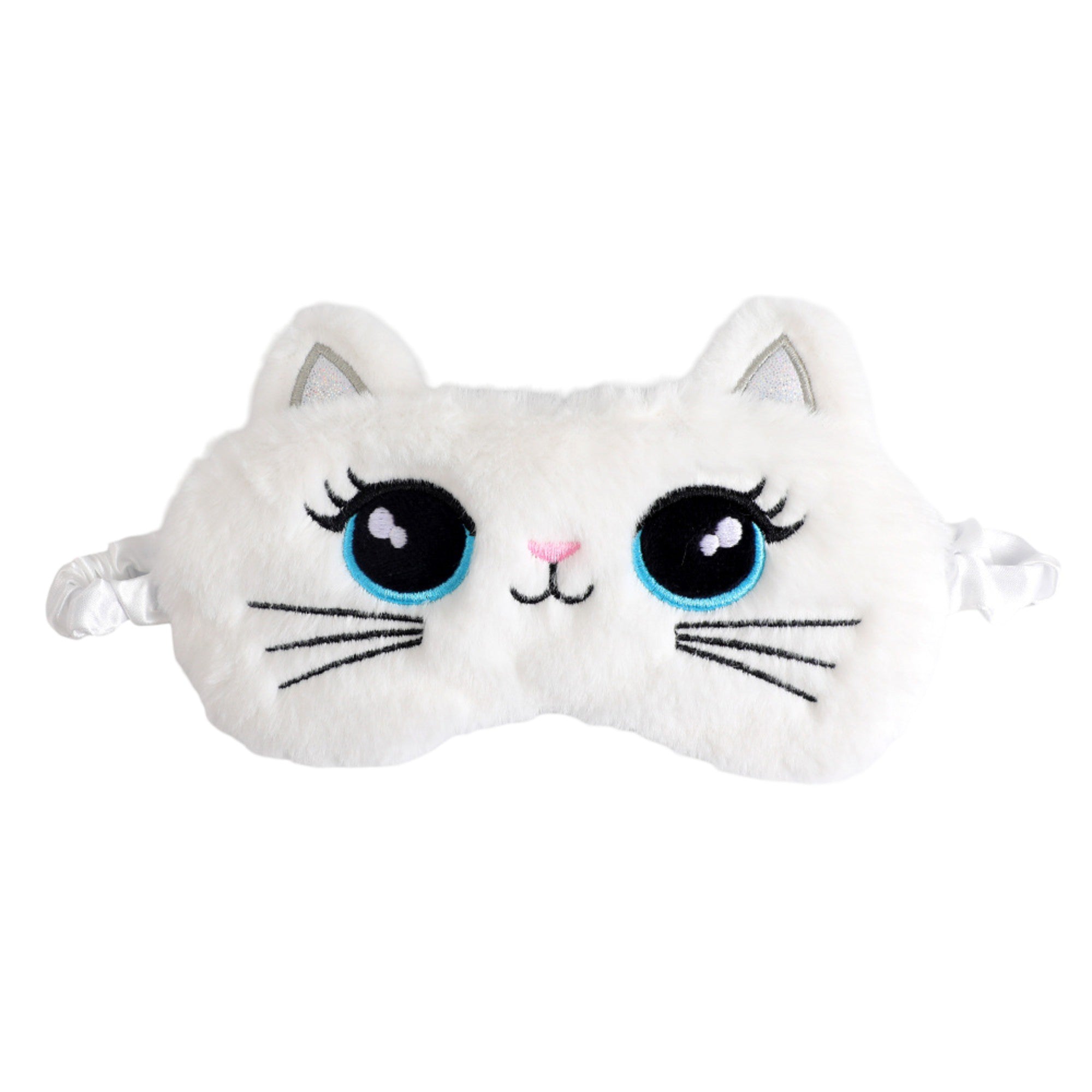 Anna-Kaci Plush Cat Face Sleep Mask Soft Faux Fur Eye Cover with Embroidered Design Elastic Satin Strap