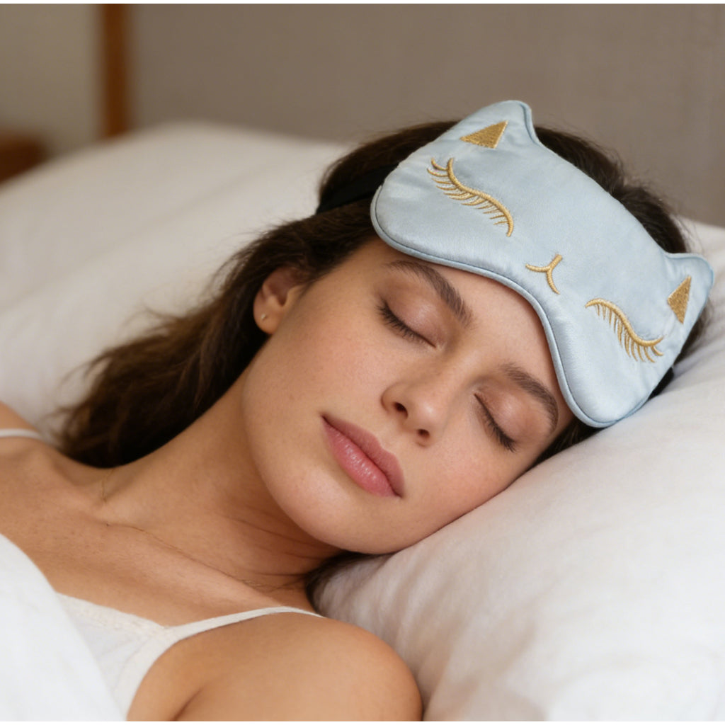 Anna-Kaci Cat Embroidered Silk Sleep Mask Adjustable Strap Soft Eye Mask for Travel Nap Night Sleep Light