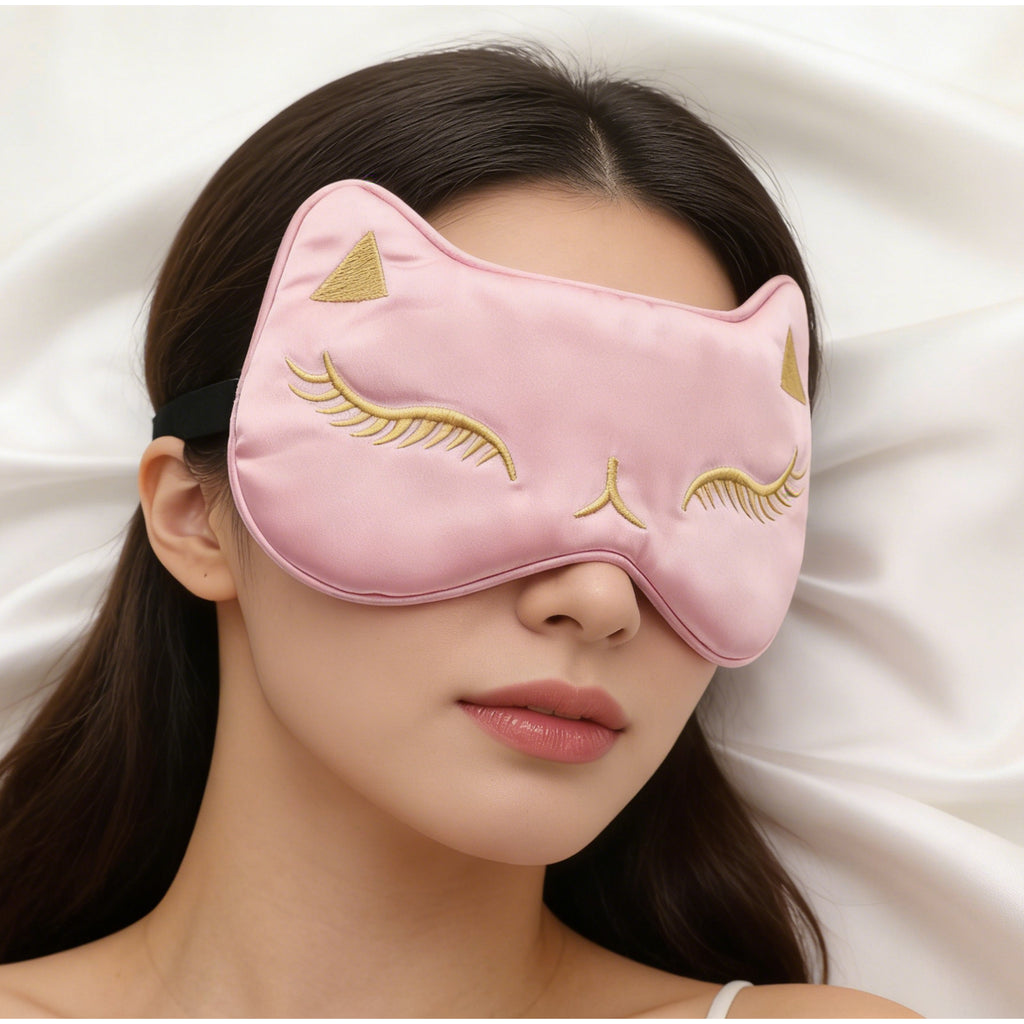 Anna-Kaci Cat Embroidered Silk Sleep Mask Adjustable Strap Soft Eye Mask for Travel Nap Night Sleep Light
