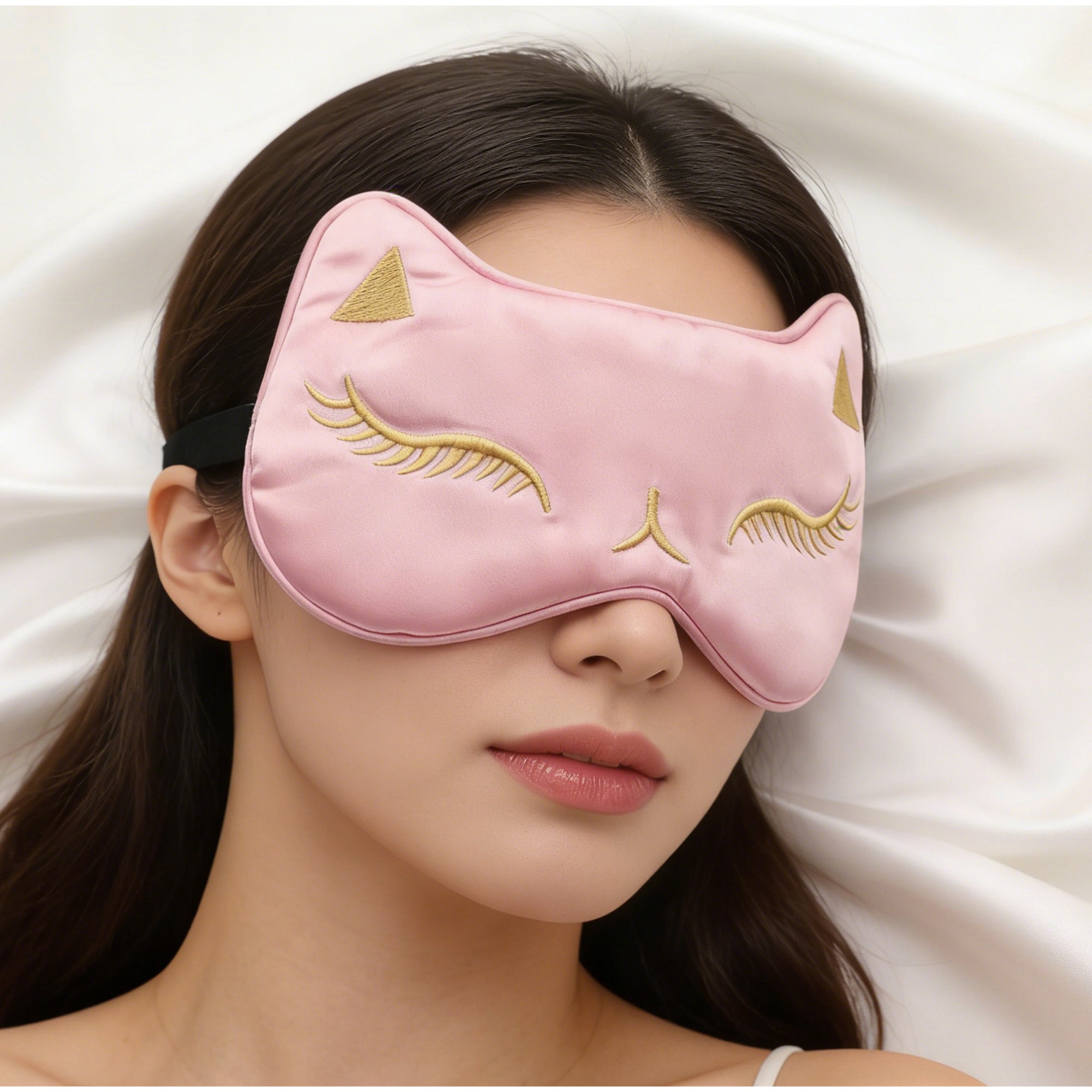Anna-Kaci Cat Embroidered Silk Sleep Mask Adjustable Strap Soft Eye Mask for Travel Nap Night Sleep Light