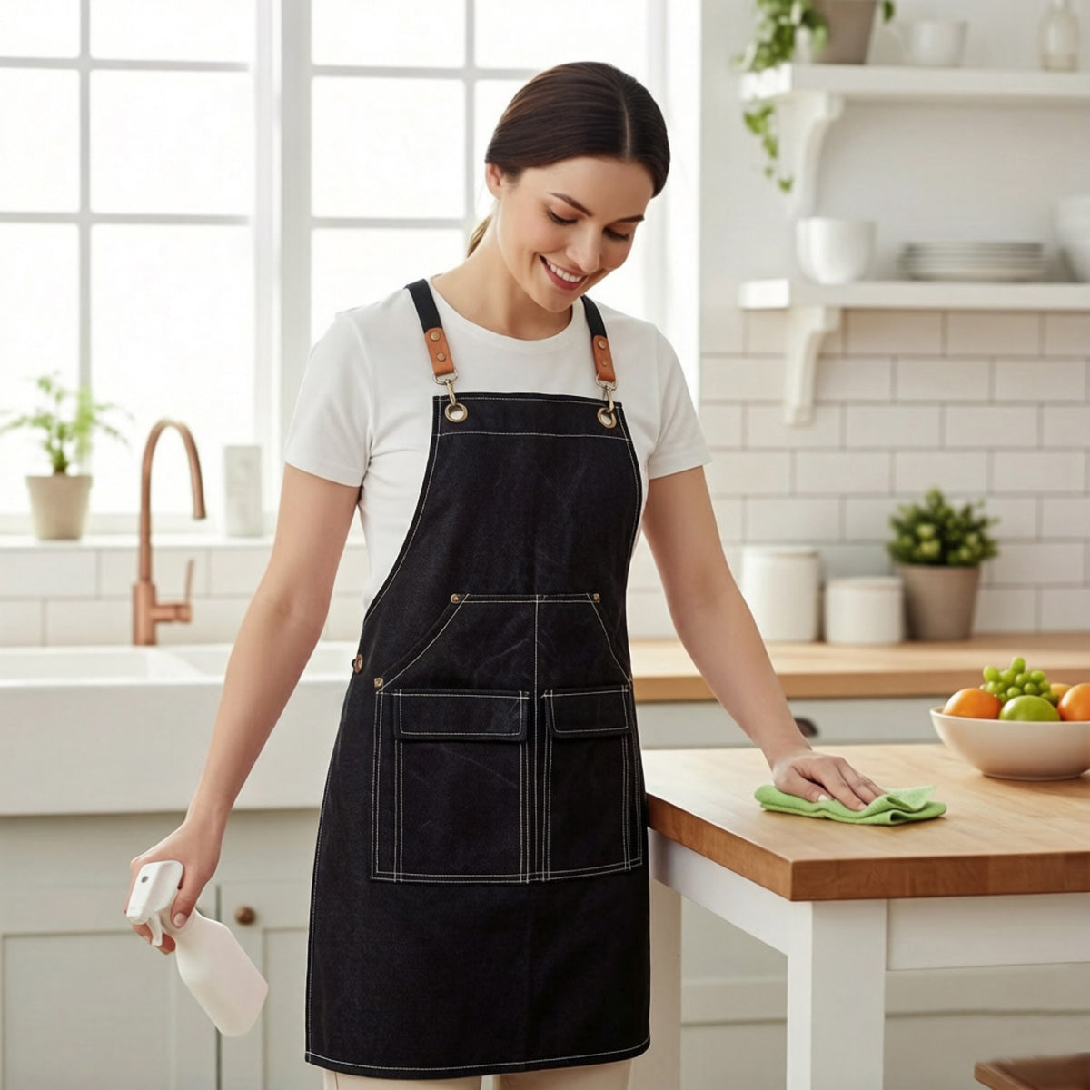 Delantal de cocina de algodón Anna-Kaci con tirantes cruzados ajustables y múltiples bolsillos