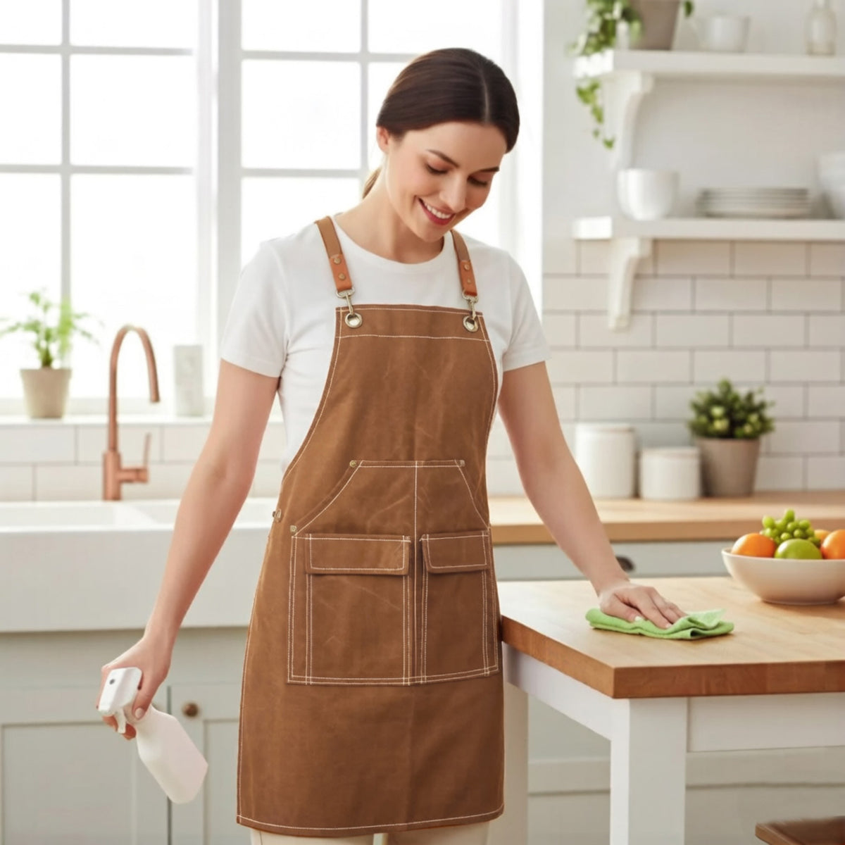 Delantal de cocina de algodón Anna-Kaci con tirantes cruzados ajustables y múltiples bolsillos