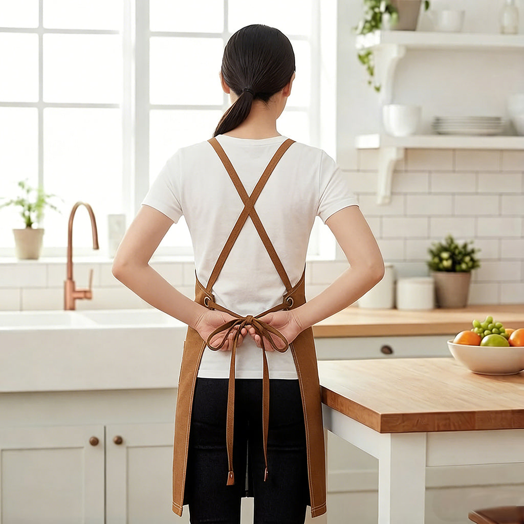 Anna-Kaci Cotton Kitchen Apron with Adjustable Cross Back Straps Multi Pocket Cooking Apron