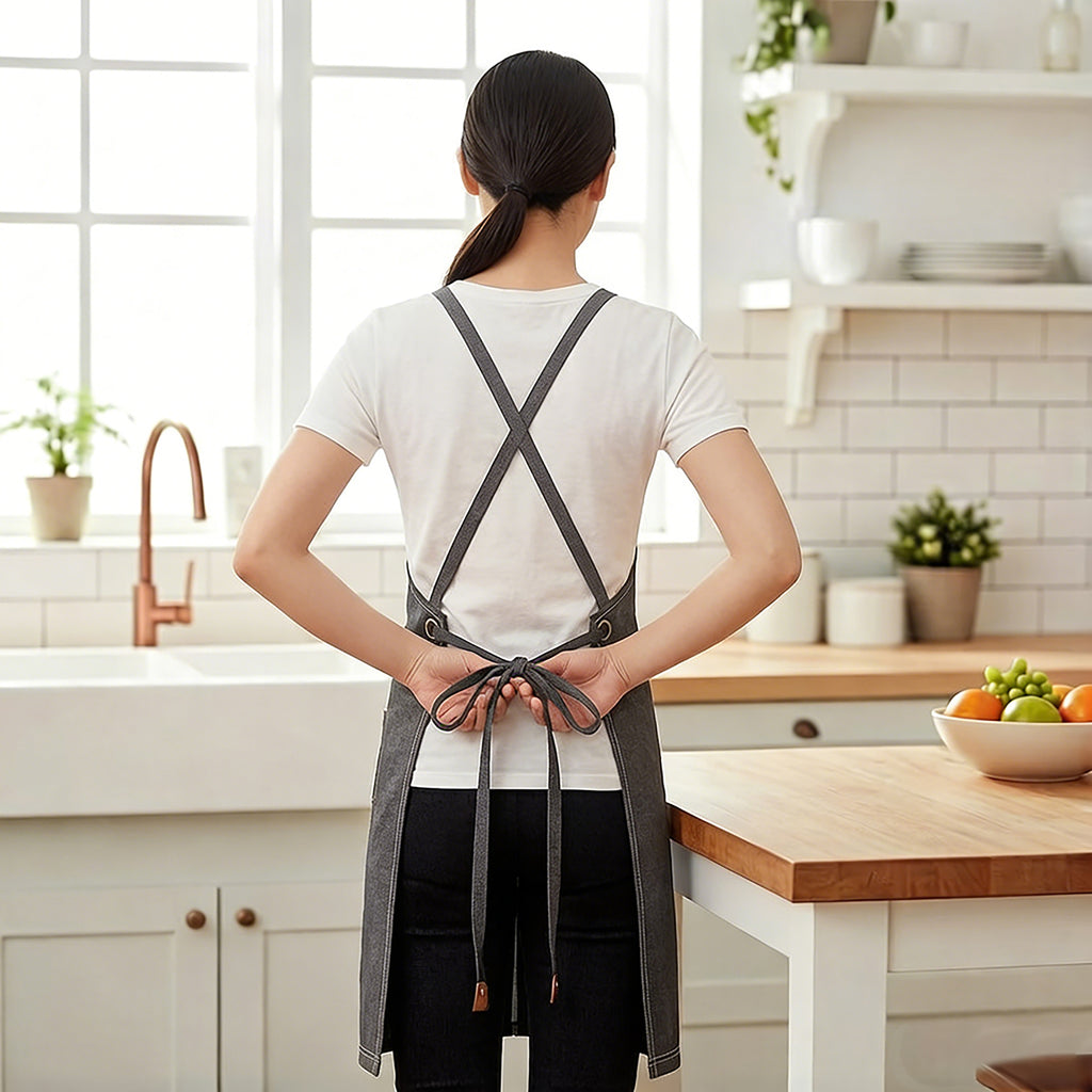 Anna-Kaci Cotton Kitchen Apron with Adjustable Cross Back Straps Multi Pocket Cooking Apron
