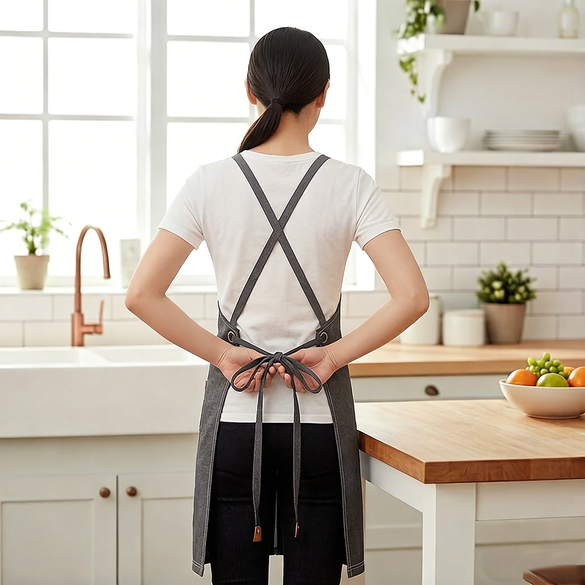 Anna-Kaci Cotton Kitchen Apron with Adjustable Cross Back Straps Multi Pocket Cooking Apron