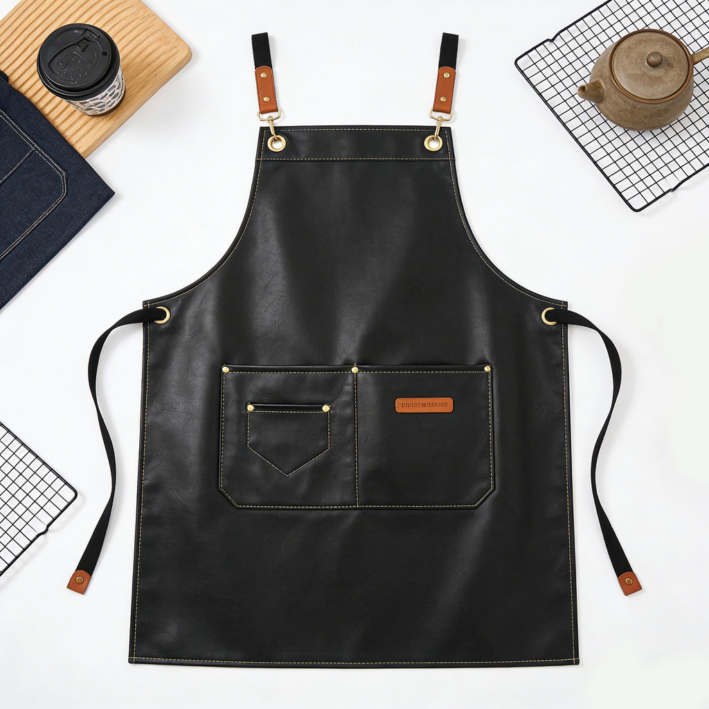 Anna-Kaci PU Leather Kitchen Apron with Multi Pocket Work Apron for Cooking Barista Grilling
